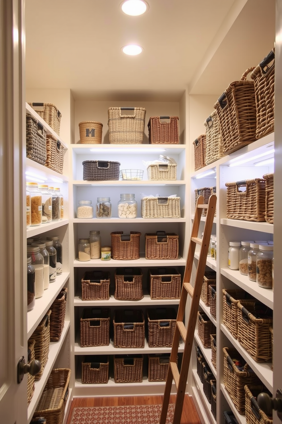 A cozy pantry featuring decorative baskets for stylish storage. The walls are painted in a soft cream color, and the shelves are lined with various woven baskets in natural tones, creating an inviting and organized space. Bright LED lights illuminate the area, highlighting the neatly arranged jars and containers. A small wooden ladder leans against the shelves, adding a rustic touch to the overall design.