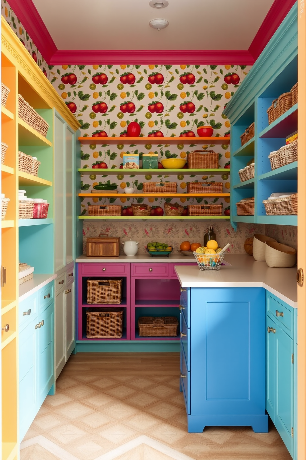 A vibrant pantry filled with colorful shelves painted in cheerful hues. The walls are adorned with a playful wallpaper featuring fruits and vegetables, creating a lively atmosphere. Functional storage solutions include open shelving and woven baskets that add texture and organization. A small island in the center provides additional workspace and a pop of color with its bright blue finish.