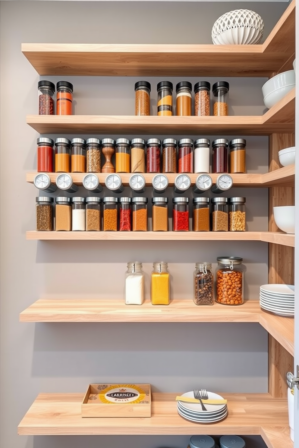 Magnetic spice containers are neatly arranged on a smooth, modern wall, showcasing a variety of vibrant spices in clear glass jars. The overall pantry design features open shelving made of natural wood, with ample space for storing kitchen essentials and decorative items.