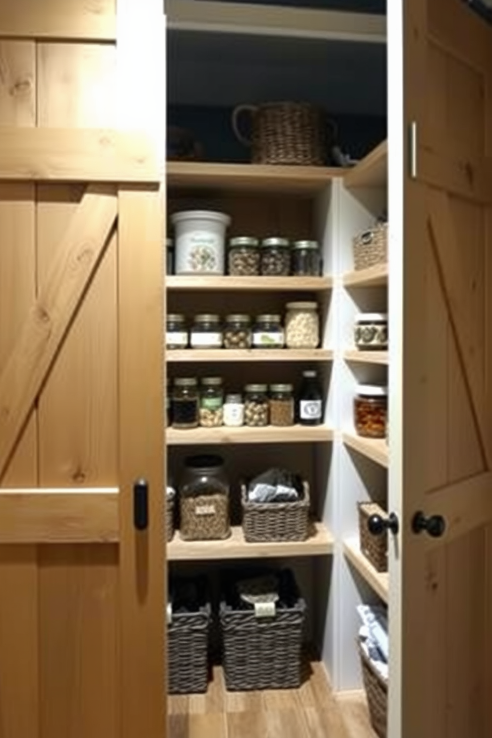 A cozy pantry with sliding barn doors that add a touch of rustic charm. The interior features open shelving made of reclaimed wood, displaying neatly organized jars and baskets filled with ingredients.