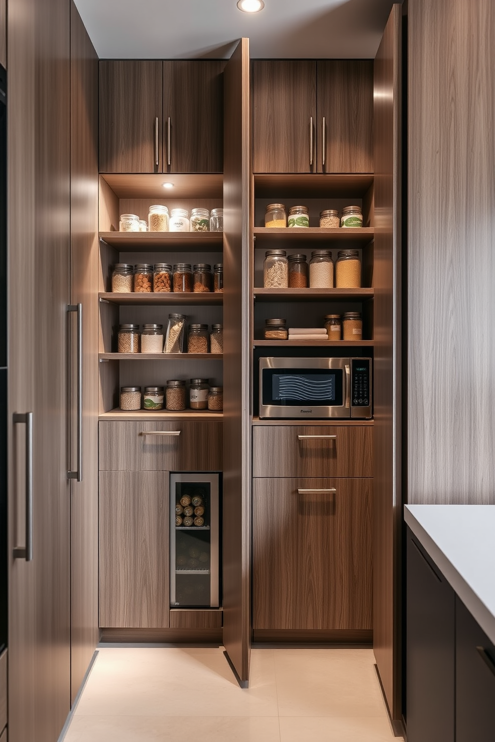 A modern pantry design featuring hidden appliances seamlessly integrated behind cabinet doors. The cabinetry is crafted from sleek wood with a matte finish, providing a clean and uncluttered look. Inside, the pantry includes a built-in refrigerator and microwave, both concealed behind matching cabinet fronts. Soft lighting illuminates the space, highlighting organized shelves filled with neatly arranged jars and containers.