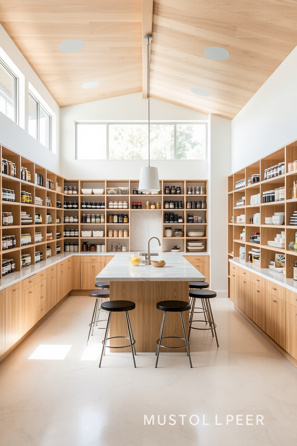 An open concept pantry with a bright and airy feel. The space features floor-to-ceiling shelves made of light wood, filled with neatly organized jars and containers. Large windows allow natural light to flood in, illuminating the soft white walls. A central island with a marble countertop serves as a prep area, surrounded by bar stools for casual dining.