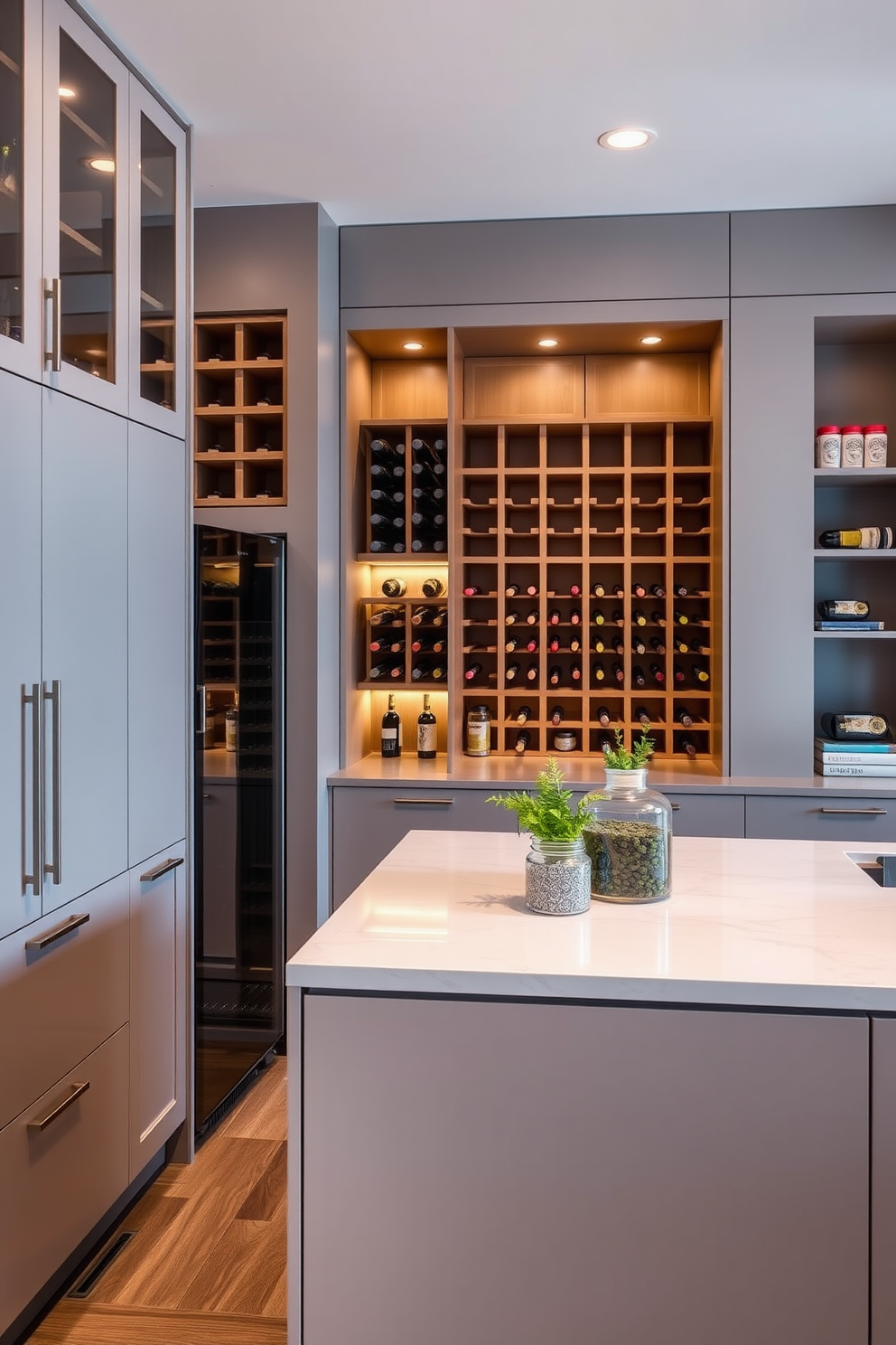 A modern pantry with integrated wine storage features sleek cabinetry and open shelving. The wine storage area is designed with a temperature-controlled wine fridge and wooden racks for easy access to bottles. The pantry is illuminated with warm LED lighting, highlighting the organized layout. A central island provides additional workspace and storage, with decorative jars and fresh herbs displayed on the countertop.