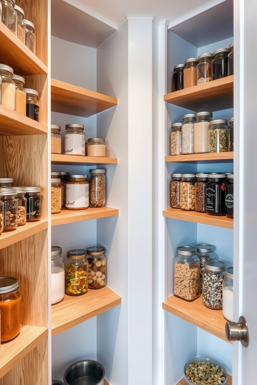 A modern pantry featuring glass jars arranged on open shelving for organized visibility. The shelves are made of natural wood, and the walls are painted in a soft white hue to enhance brightness.