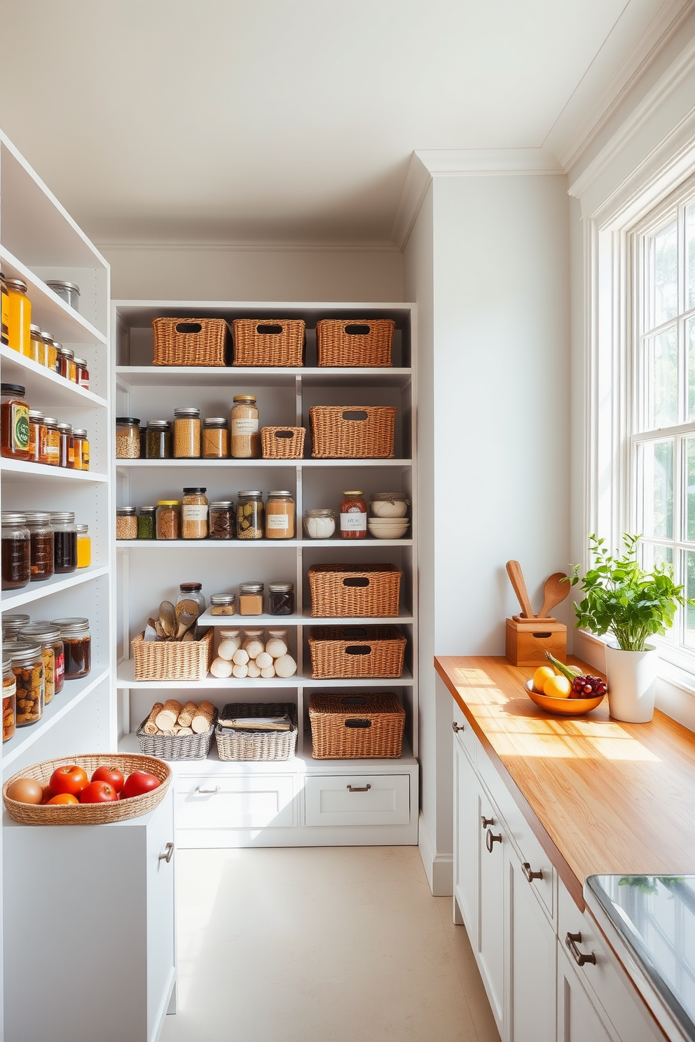 A bright and airy pantry features a large window that floods the space with natural light. The shelves are filled with neatly organized jars and baskets, providing both functionality and aesthetic appeal. The walls are painted in a soft white hue, enhancing the sense of openness. A wooden countertop runs along one side, perfect for meal prep and displaying fresh produce.