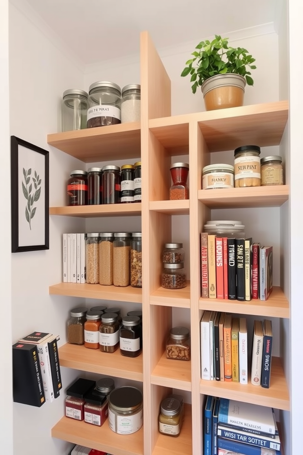 A modern pantry featuring tiered shelving for organized display. The shelves are made of light wood, showcasing neatly arranged jars, spices, and cookbooks in an aesthetically pleasing manner. The walls are painted in a soft white, creating a bright and airy atmosphere. A small potted herb plant sits on the top shelf, adding a touch of greenery and freshness to the space.