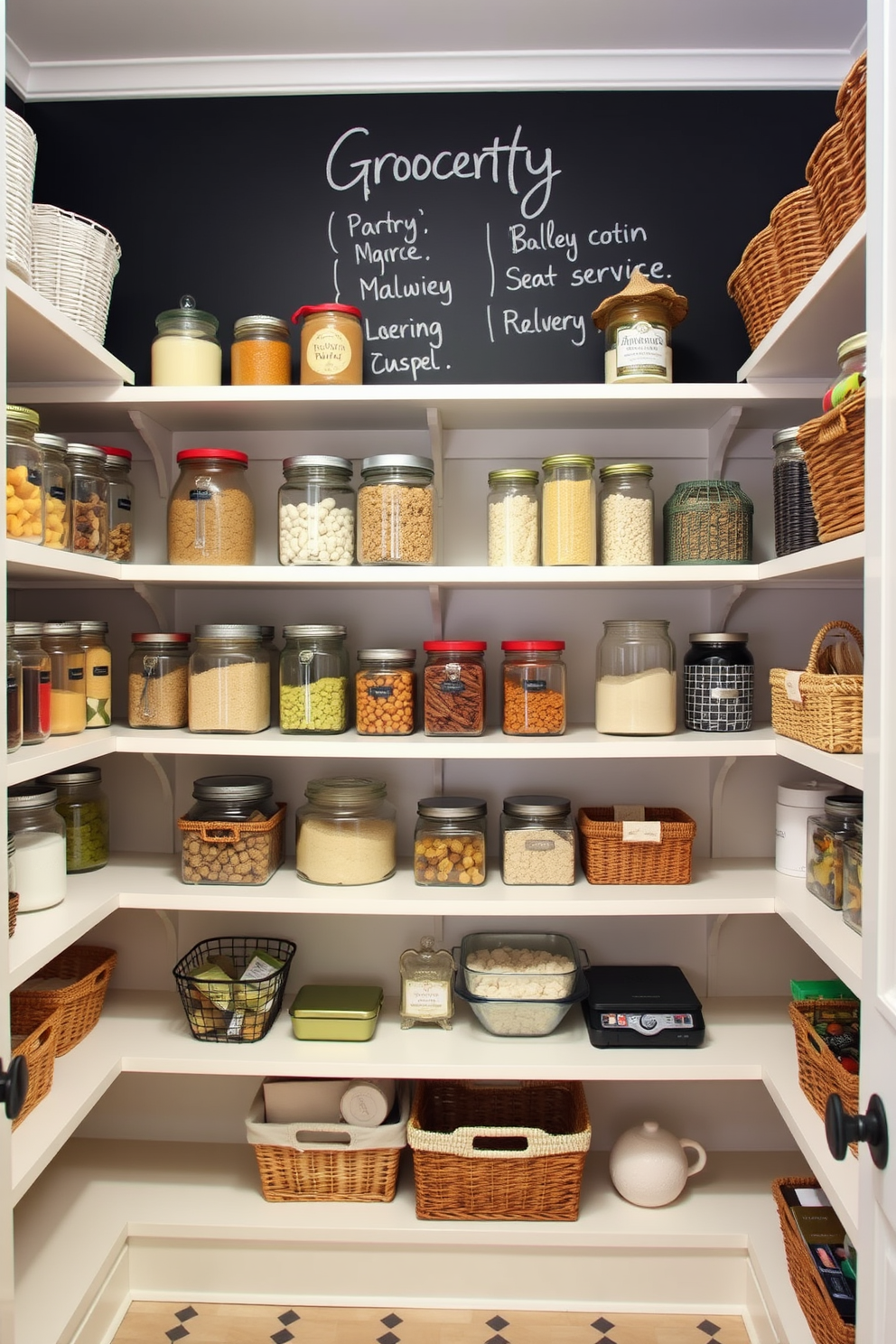 A cozy pantry with a chalkboard wall for grocery lists. The shelves are filled with neatly organized jars and baskets, creating a functional yet stylish space.