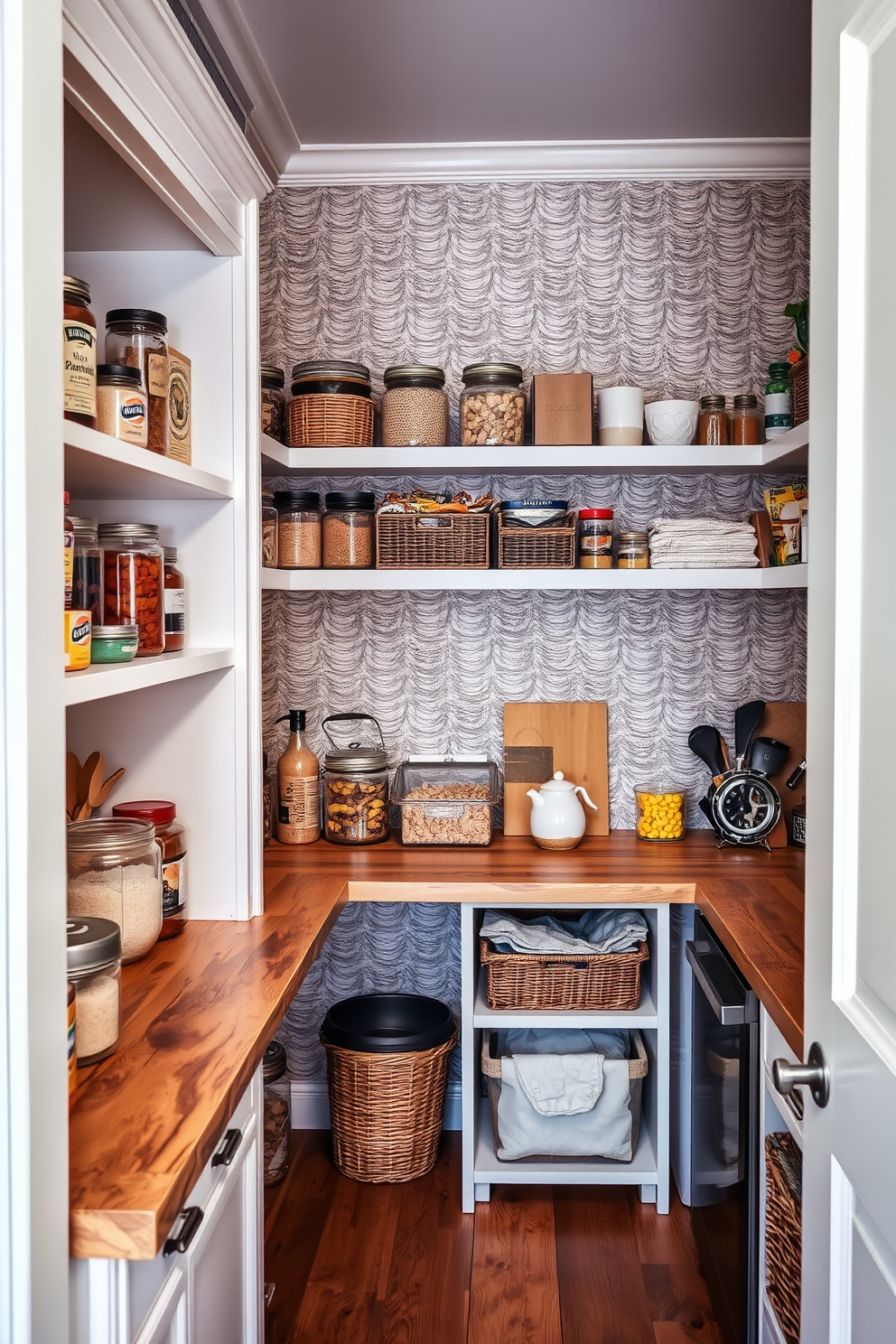 A cozy pantry with textured wallpaper that adds visual interest and depth to the space. The shelves are filled with neatly organized jars and baskets, showcasing a variety of grains, spices, and snacks. A rustic wooden countertop provides a functional workspace for meal prep and baking. Soft lighting highlights the warm tones of the wallpaper, creating an inviting atmosphere.