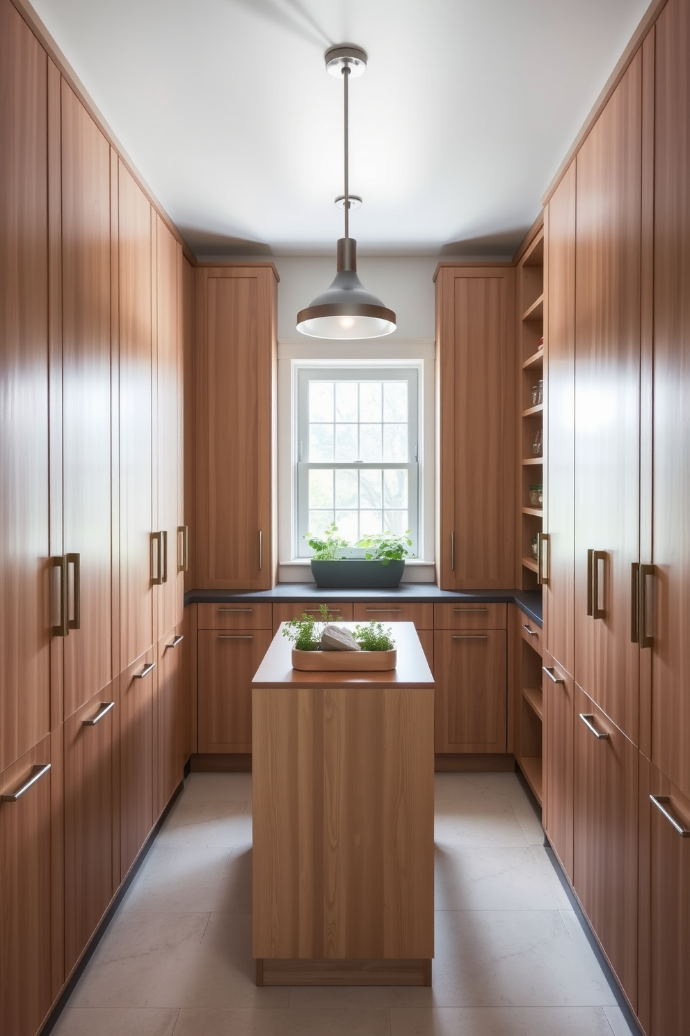 A spacious pantry featuring floor-to-ceiling cabinetry crafted from light wood with sleek handles. The shelves are organized with clear containers, and a small island in the center provides additional workspace and storage. The walls are painted in a soft white to enhance brightness, while a stylish pendant light hangs above the island. A small herb garden sits on the windowsill, adding a touch of greenery and freshness to the space.