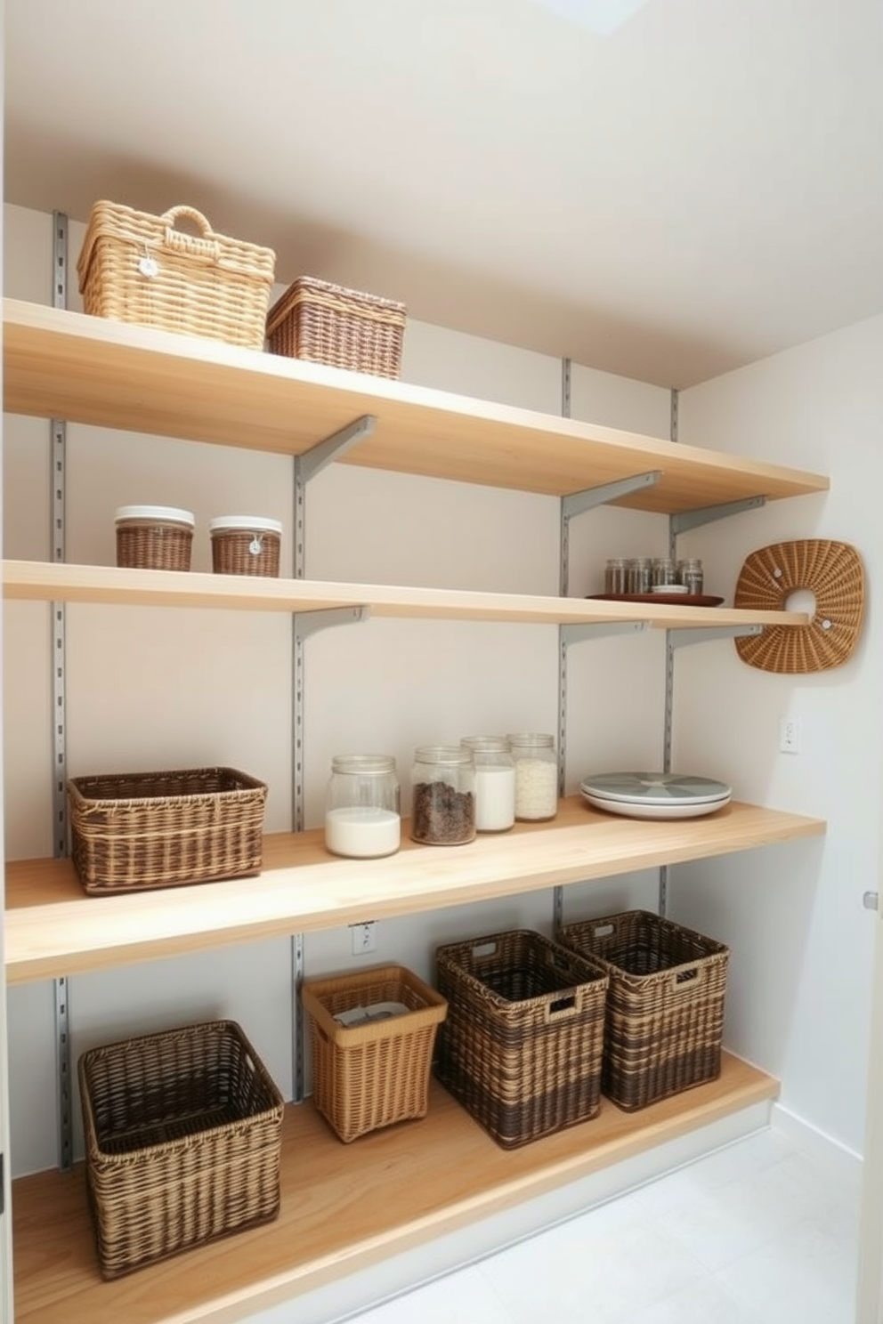 A modern pantry with adjustable shelving that allows for flexible storage solutions. The shelves are made of light wood and can be easily repositioned to accommodate various pantry items. The walls are painted in a soft white, creating a bright and airy feel. Decorative baskets and jars are neatly arranged on the shelves, adding a touch of organization and style.