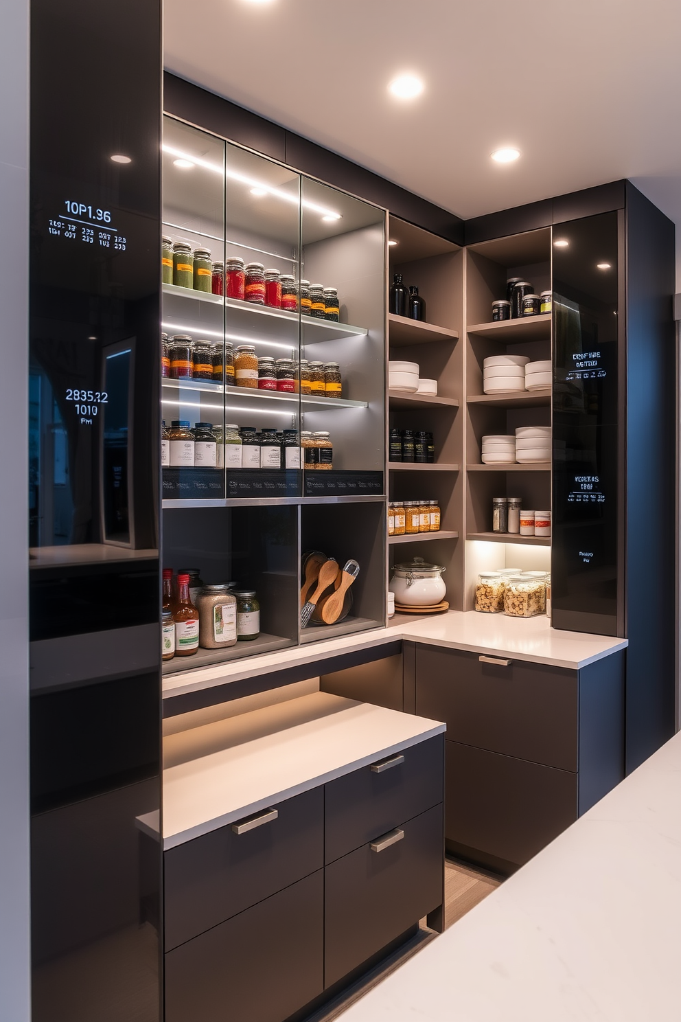 A modern pantry design featuring smart technology for inventory management. The space includes sleek cabinetry with touch-screen interfaces that display inventory levels and expiration dates. Open shelving showcases neatly organized jars and containers, while a central island allows for easy access and meal prep. Ambient lighting highlights the functionality of the space, creating an inviting atmosphere for cooking and storage.