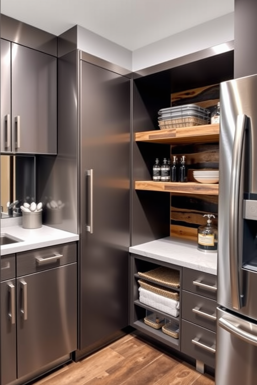 A sleek pantry design featuring stainless steel accents throughout the cabinetry. Open shelving made of reclaimed wood contrasts beautifully with the modern stainless steel appliances and fixtures.