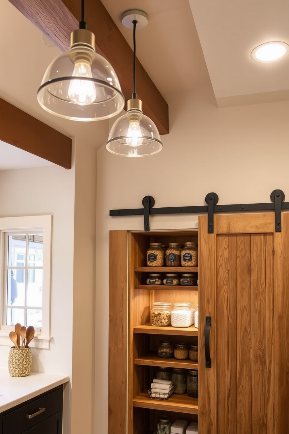 Custom lighting fixtures for ambiance. The space features a blend of pendant lights and recessed lighting, creating a warm and inviting atmosphere. Pantry design ideas. The pantry showcases open shelving made of reclaimed wood, with organized glass jars and a sliding barn door for easy access.