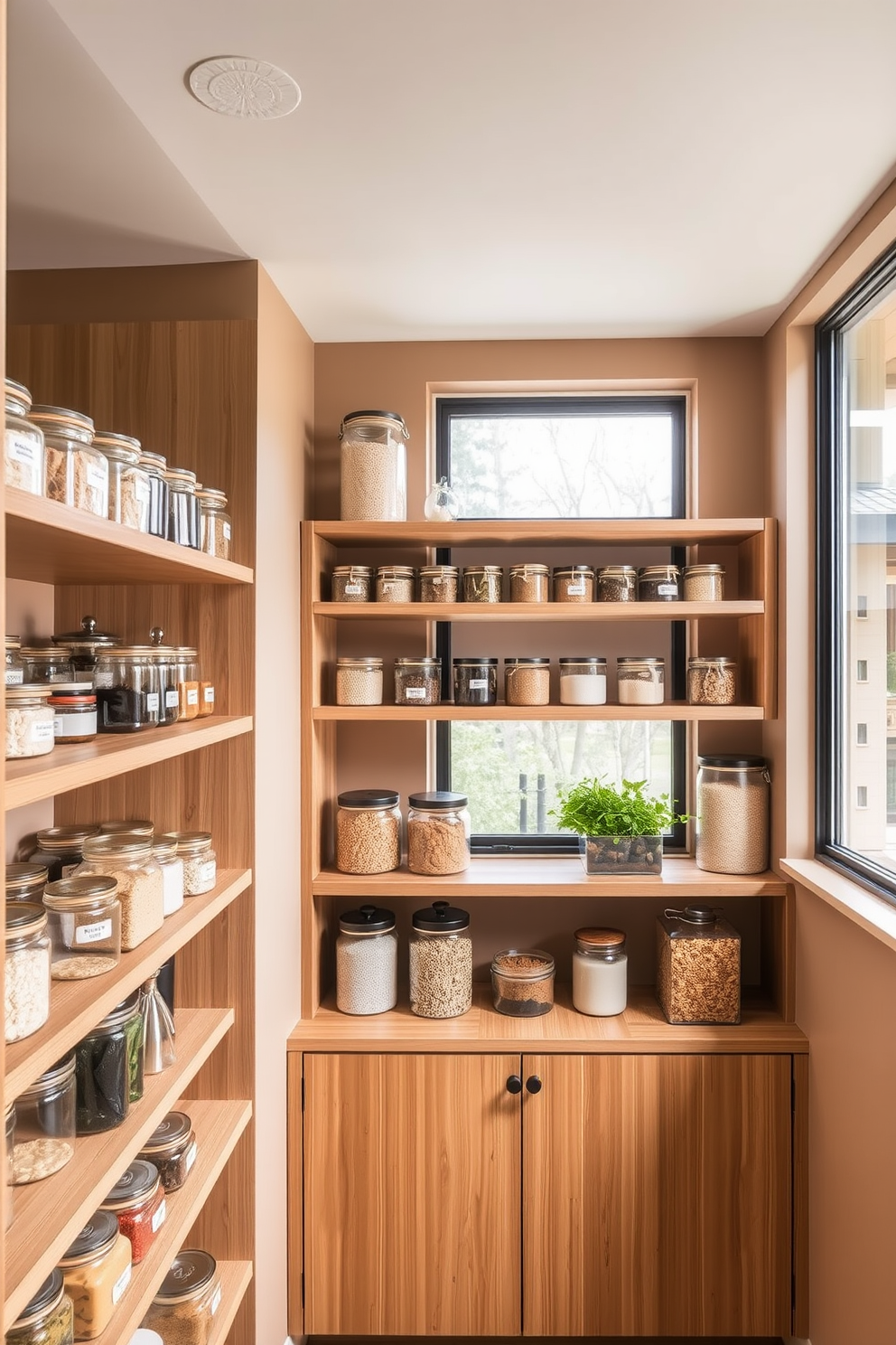 A modern pantry design featuring eco-friendly materials such as bamboo shelving and recycled glass containers. The walls are painted in a soft earth tone, and natural light floods in through a large window, highlighting the sustainable elements. Open shelving displays neatly organized jars filled with bulk grains and spices, promoting a minimalist yet functional aesthetic. A small herb garden sits on the windowsill, adding a touch of greenery and freshness to the space.