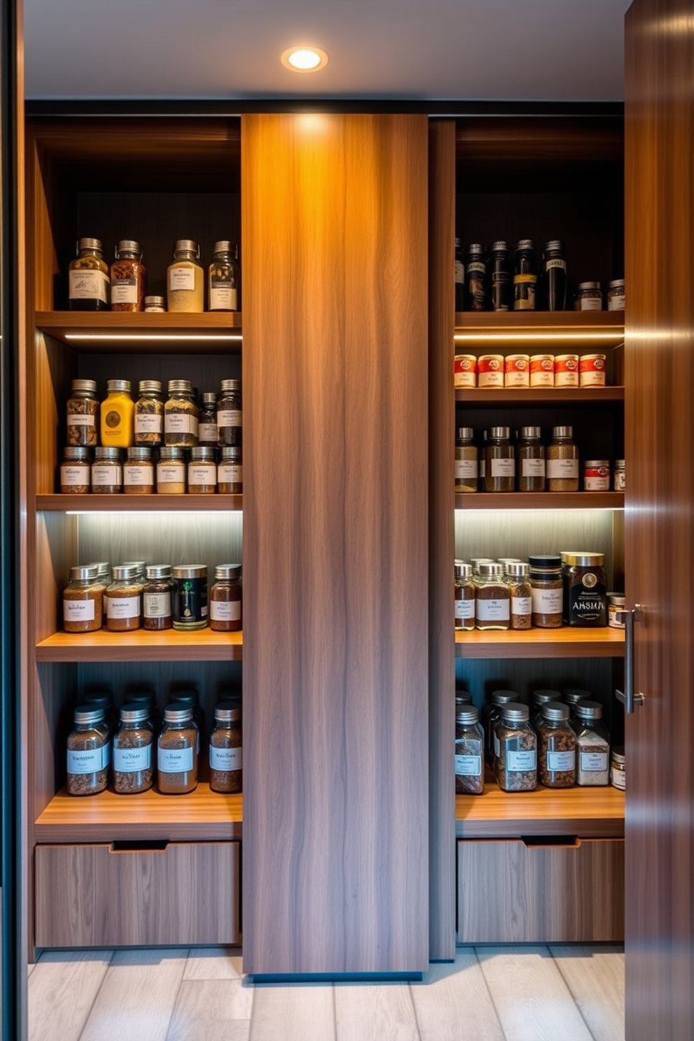 A modern pantry featuring built-in spice racks for easy access. The shelves are organized with labeled jars and containers, showcasing a variety of spices in an aesthetically pleasing arrangement. The pantry is designed with open shelving and a sliding wooden door for a sleek look. Soft LED lighting illuminates the space, highlighting the rich wood finishes and creating a warm ambiance.