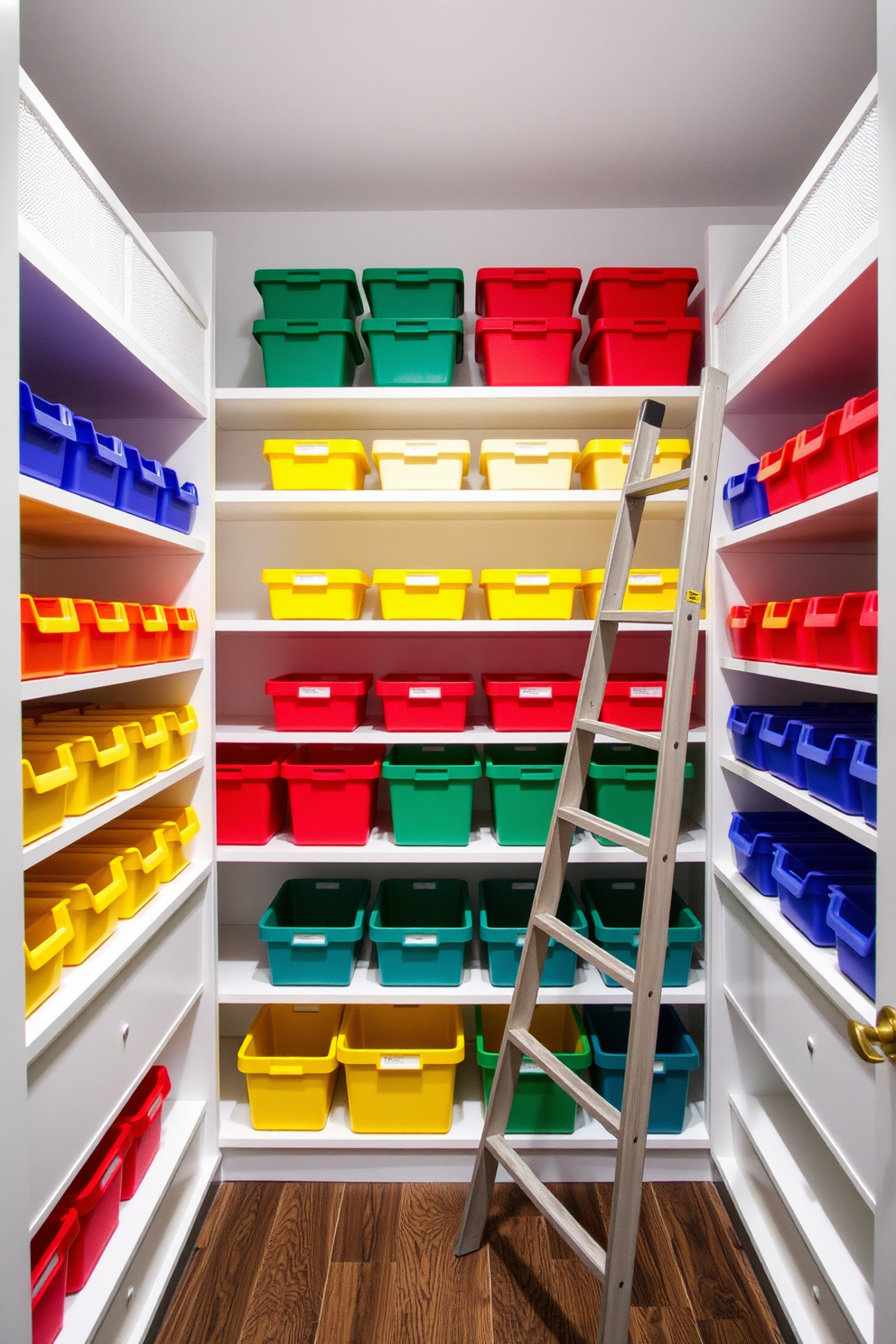 A modern pantry featuring color-coded bins arranged on open shelves for systematic organization. The walls are painted in a soft white, allowing the vibrant colors of the bins to stand out, and a stylish ladder leans against the shelves for easy access to higher items.