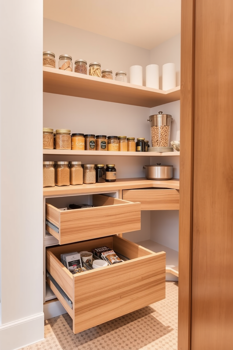 A modern pantry featuring pull-out drawers that maximize storage efficiency. The drawers are crafted from sleek wood with soft-close mechanisms, providing easy access to hidden items. The pantry walls are painted in a light, neutral color to enhance brightness. Open shelving above the drawers displays neatly organized jars and containers for a clean, stylish look.