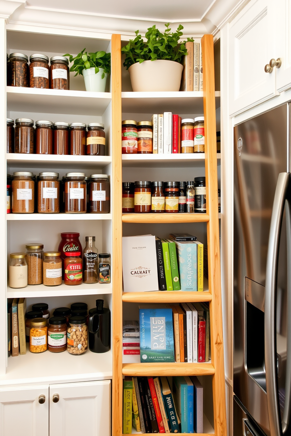 A stylish pantry featuring ladder shelving that maximizes vertical space. The shelves are filled with neatly organized jars, spices, and cookbooks, creating an inviting and functional atmosphere. The ladder is made of natural wood, complementing the soft white cabinetry. A small potted herb garden sits on the top shelf, adding a touch of greenery and freshness to the design.