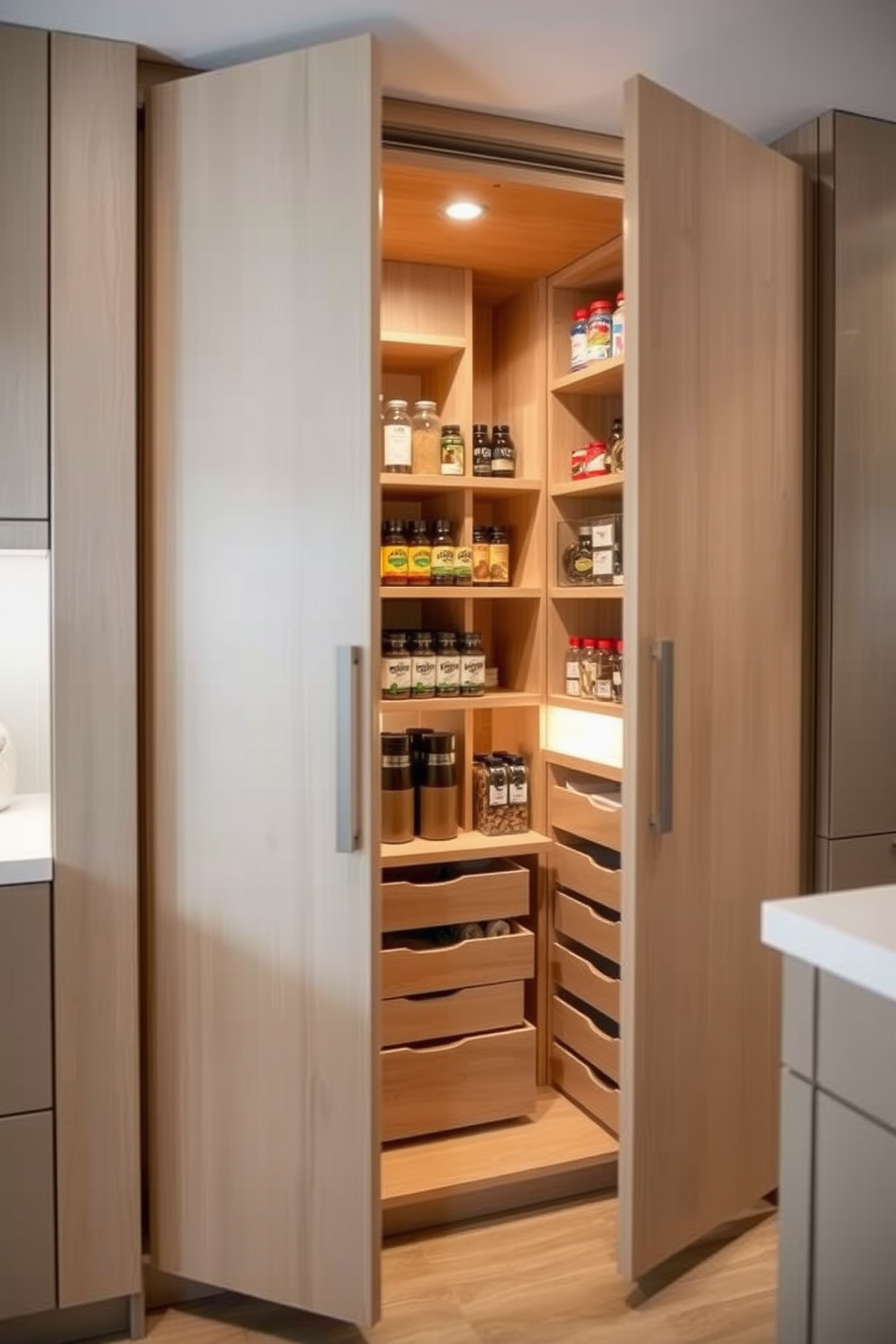 A modern pantry with bi-fold doors that open up to reveal organized shelves filled with spices, canned goods, and dry ingredients. The interior features a combination of wooden shelves and pull-out drawers, ensuring efficient use of space while maintaining a sleek aesthetic. The bi-fold doors are finished in a light wood veneer that complements the overall kitchen design. Soft LED lighting illuminates the pantry, highlighting the neatly arranged items and adding a warm ambiance.