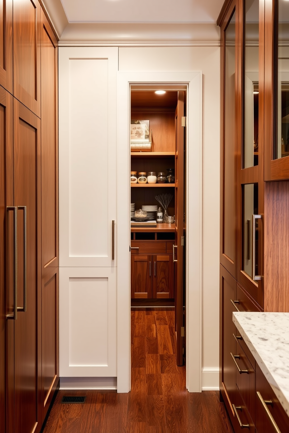 Custom cabinetry designed for a seamless look showcases clean lines and a harmonious integration with the surrounding architecture. The pantry features floor-to-ceiling cabinetry with elegant hardware, maximizing storage while maintaining a sophisticated aesthetic. Inside the pantry, open shelving complements the cabinetry, providing easy access to everyday items. Thoughtful lighting illuminates the space, enhancing the rich wood finishes and creating an inviting atmosphere.