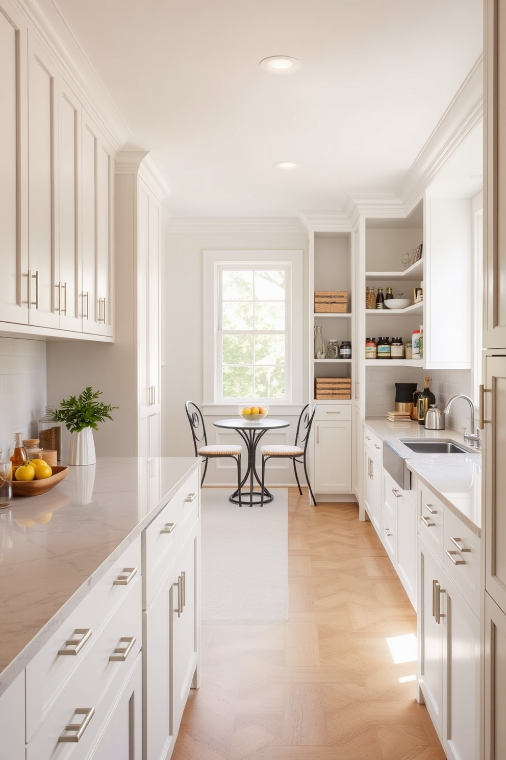 A spacious pantry island features a sleek quartz countertop with ample space for food preparation. Surrounding the island are custom cabinetry painted in a soft white, complemented by brushed nickel hardware. The pantry walls are adorned with open shelving, displaying neatly organized jars and spices. A cozy nook with a small bistro table and two chairs is positioned near a window, allowing natural light to brighten the space.