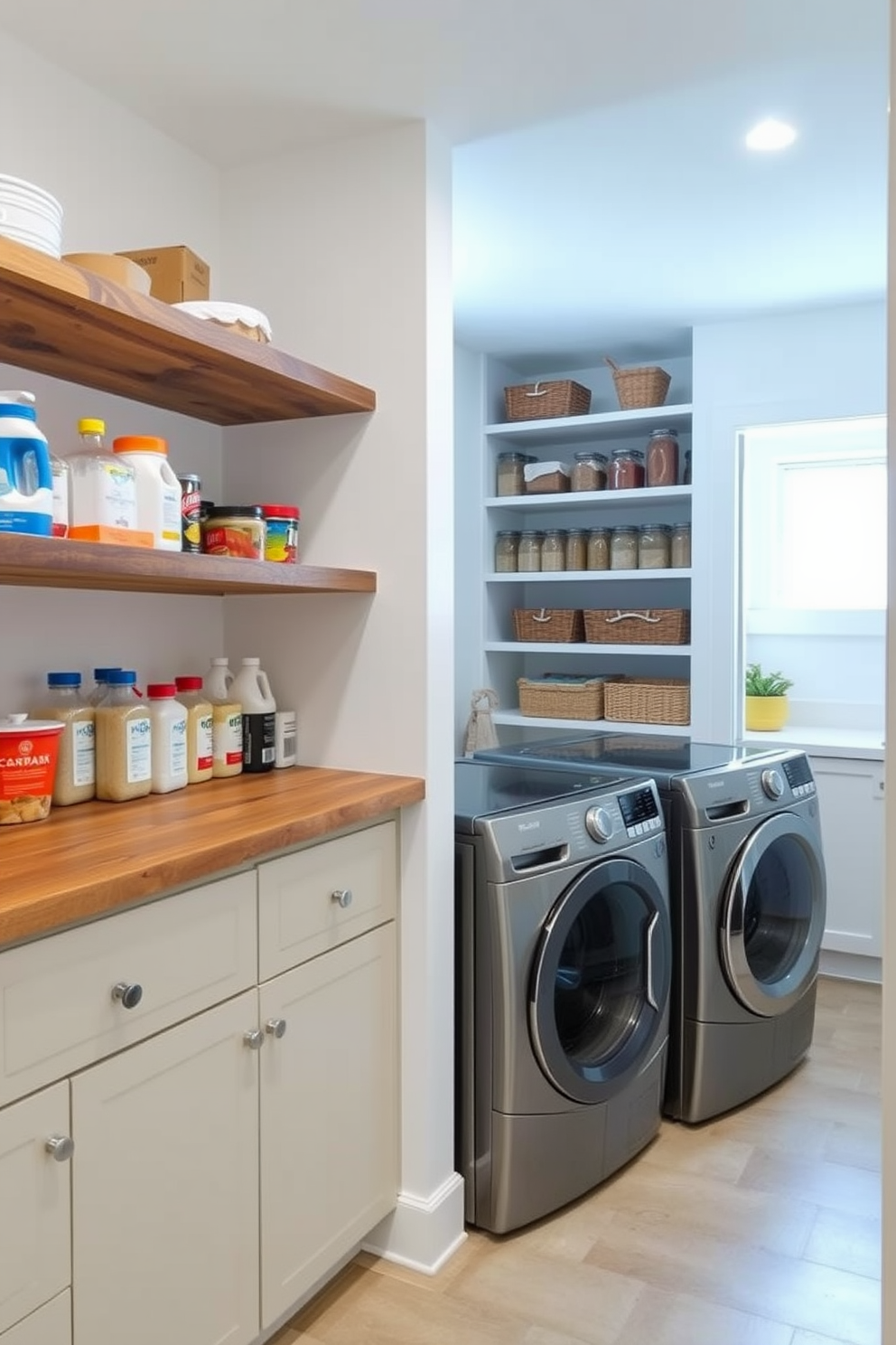 Open shelving lines the walls of a spacious laundry room, providing easy access to storage for detergents and cleaning supplies. The shelves are made of reclaimed wood, adding a rustic touch to the modern space, which features a sleek washer and dryer set. Adjacent to the laundry area, a well-organized pantry showcases open shelving filled with neatly arranged jars and baskets. The walls are painted in a soft white, enhancing the bright and airy feel of the room, while a small window allows natural light to filter in.