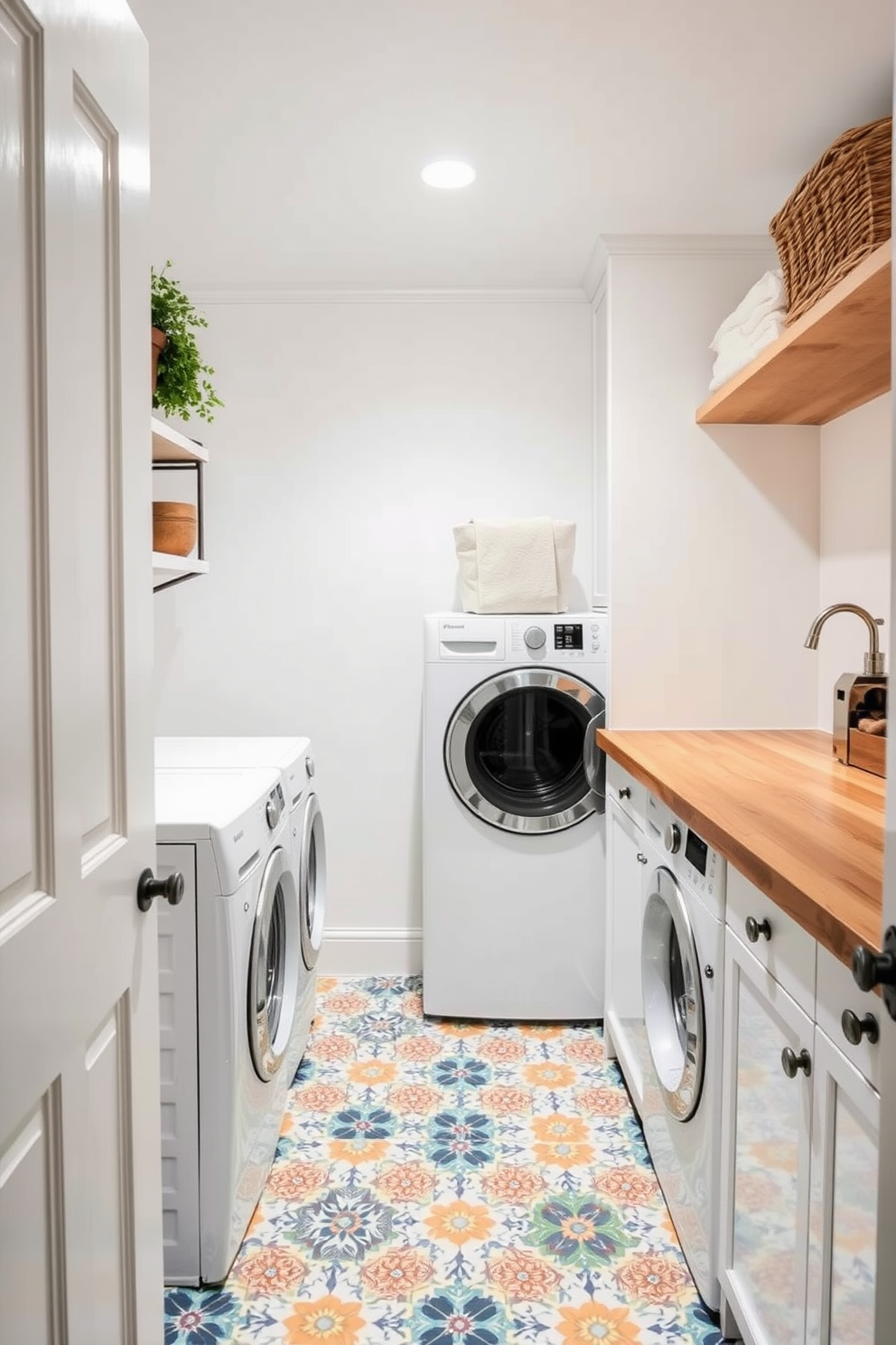 A cozy pantry laundry room with a stylish design. The floor is adorned with colorful patterned tiles that add a vibrant touch to the space. The walls are painted in a soft white hue, creating a bright and airy atmosphere. A wooden countertop runs along one wall, providing ample space for folding laundry and organizing pantry items.