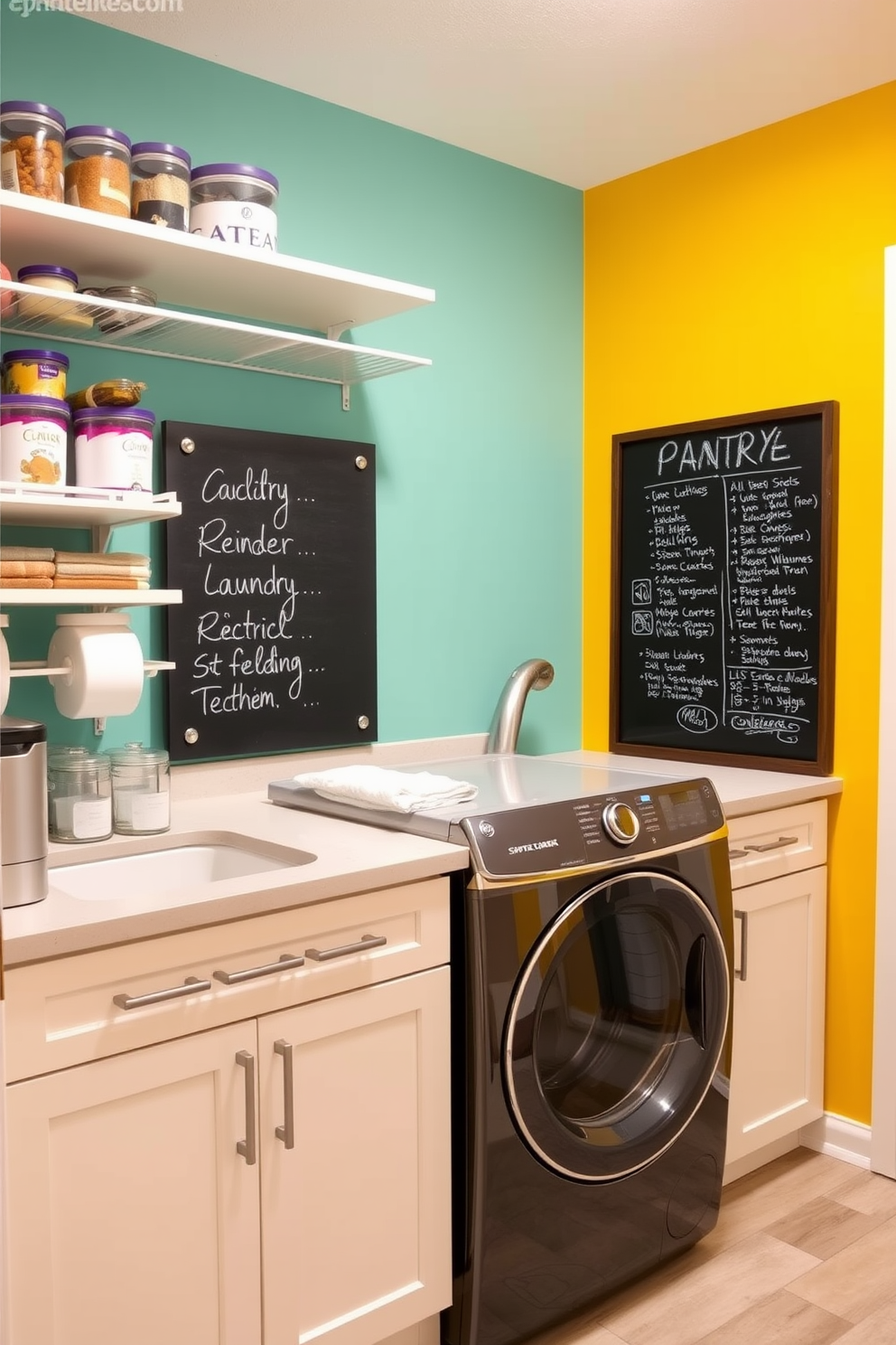 A functional pantry laundry room features a large chalkboard mounted on the wall for reminders and notes. The space includes open shelving filled with neatly organized containers and a stylish countertop for folding laundry. The laundry area is equipped with a modern washer and dryer stacked for efficiency, surrounded by cabinets for additional storage. Bright, cheerful colors adorn the walls, while a durable tile floor adds practicality to the design.