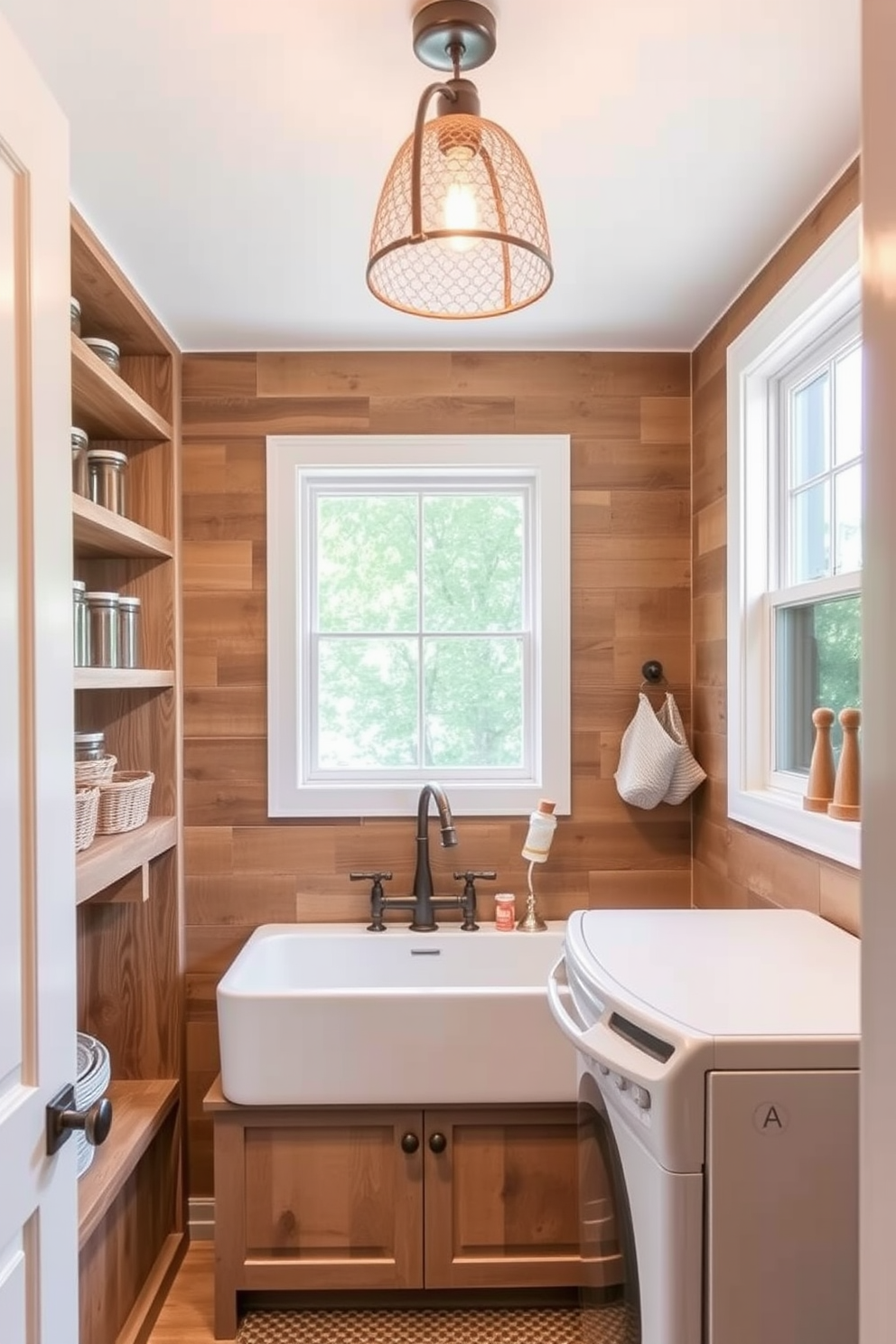 A cozy pantry laundry room that seamlessly combines functionality and style. The space features built-in shelving made of reclaimed wood, showcasing neatly organized jars and baskets. A large farmhouse sink sits beneath a window, allowing natural light to flood the area. Decorative pendant lighting hangs from the ceiling, adding warmth and ambiance to the room.