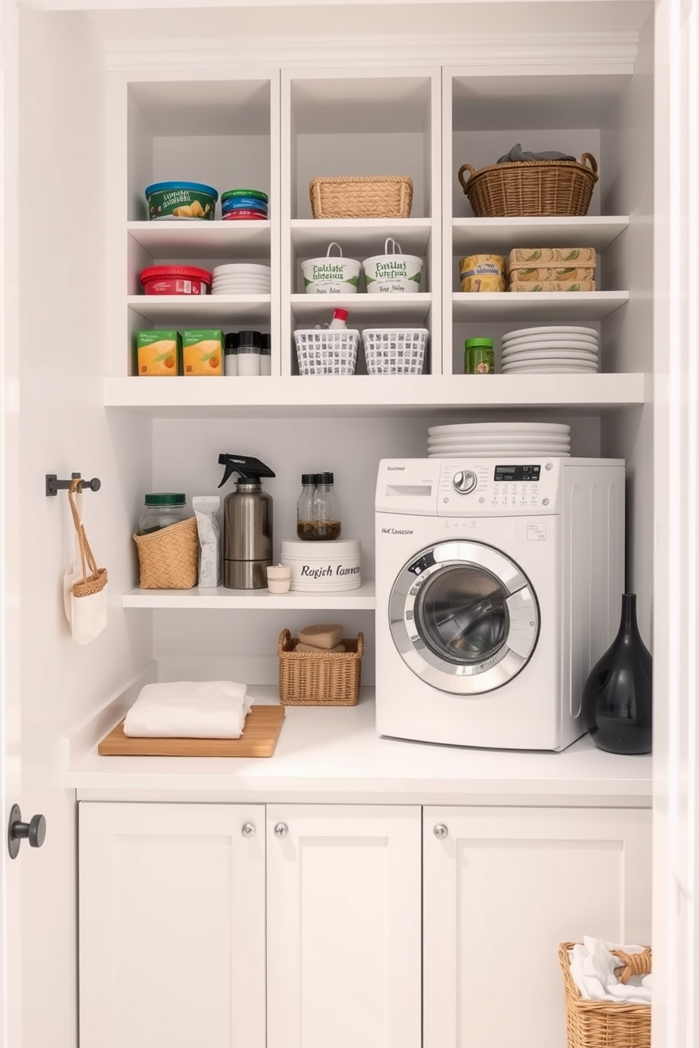 Create a functional pantry-laundry combo in a closet. The design features open shelving for dry goods and a compact washer and dryer stacked neatly in one corner. The walls are painted a soft white to enhance brightness and create an airy feel. A small countertop for folding laundry and organizing pantry items is included, with decorative baskets for storage.