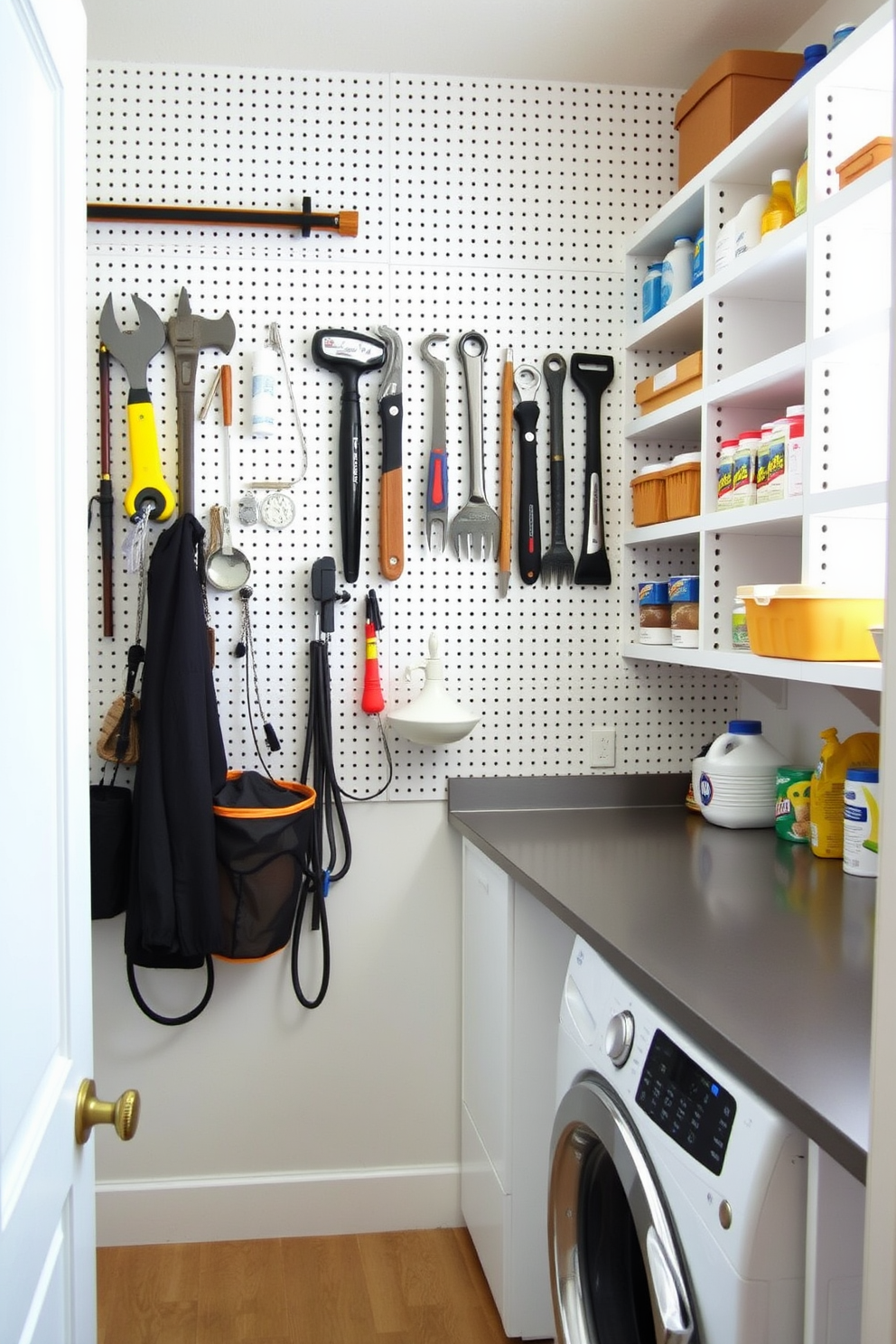 A functional pantry laundry room features a pegboard wall for hanging tools and supplies, maximizing vertical space for organization. The area includes a sleek countertop for folding laundry and ample shelving for storing pantry items, creating an efficient and stylish environment.