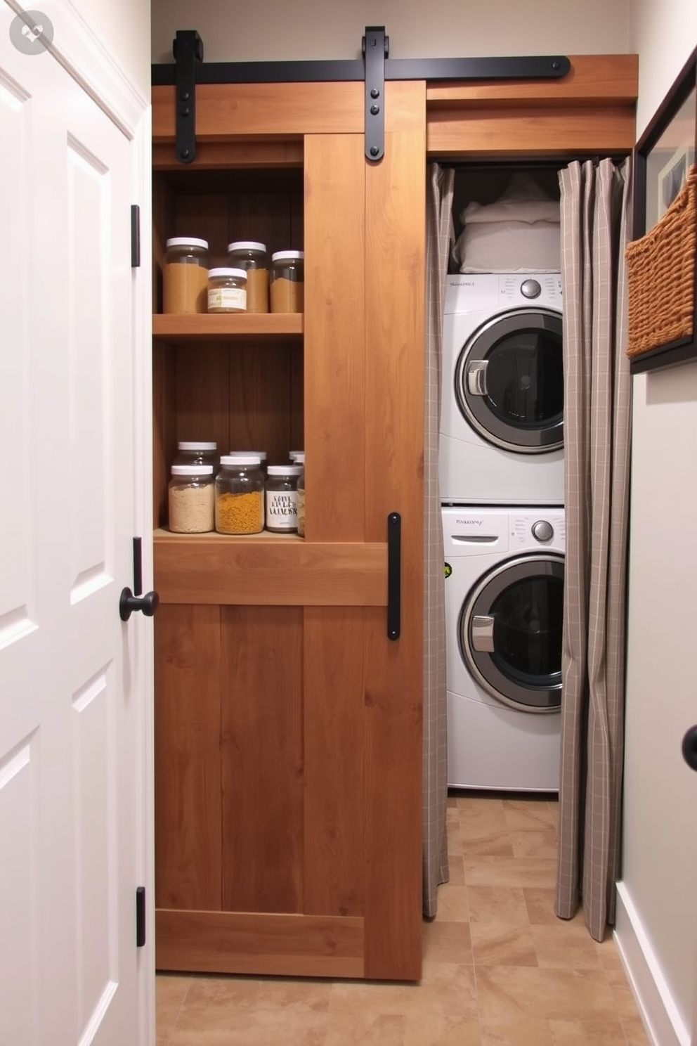 A charming pantry laundry room featuring a sliding barn door that adds rustic elegance. The space includes open shelving made of reclaimed wood, neatly displaying jars of ingredients and laundry supplies. On the opposite wall, a stacked washer and dryer are tucked away behind a curtain for a clean look. The flooring is a durable tile with a subtle pattern, complementing the warm tones of the wood accents.