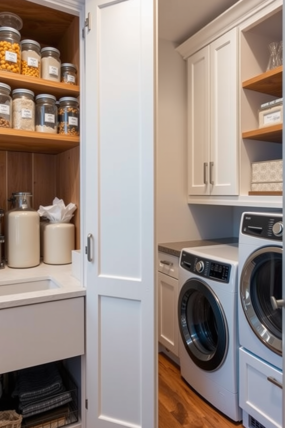 A well-organized pantry featuring clear jars for optimal visibility. The jars are neatly labeled and arranged on wooden shelves, creating an inviting and functional space. The laundry room is designed with a modern touch, incorporating a sleek countertop for folding clothes. A stylish washer and dryer are seamlessly integrated into the cabinetry, enhancing the room's overall aesthetic.