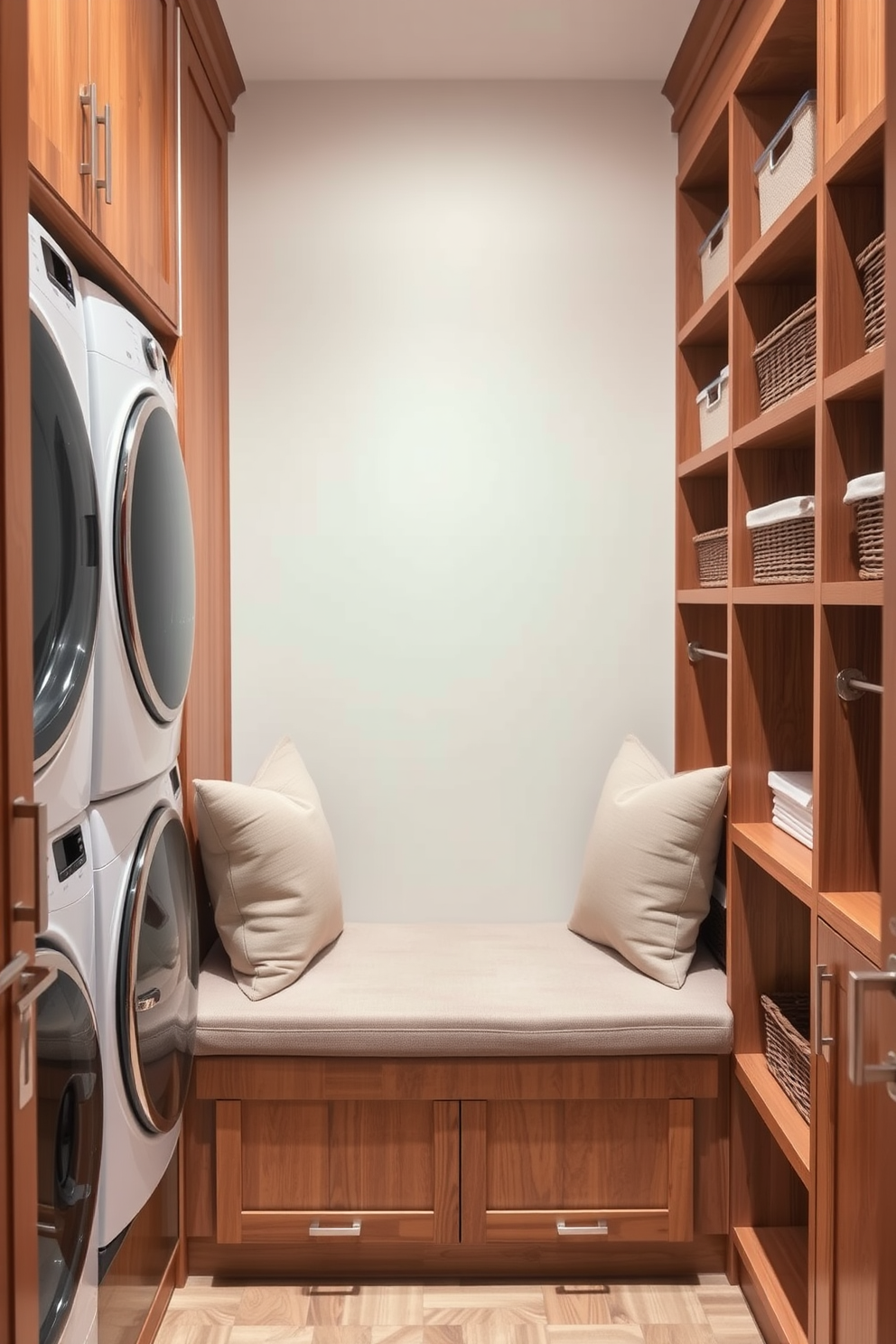 A functional pantry laundry room with a sleek design. The space features a built-in bench for seating and storage, adorned with plush cushions in a soft fabric. On one side, there are open shelves displaying neatly organized containers and baskets. The walls are painted in a light, airy color, complementing the warm wood tones of the cabinetry.