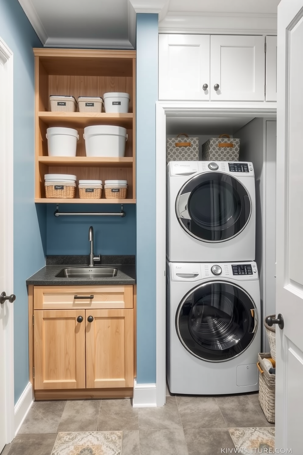 A functional pantry laundry room designed for efficiency and organization. The walls are painted in a soft blue hue, creating a calm atmosphere, while open shelving made of light wood holds neatly labeled containers and baskets for easy access. A dedicated laundry area features a stacked washer and dryer, framed by custom cabinetry in a crisp white finish. The floor is covered with durable gray tiles, and a small folding station is positioned nearby, adorned with decorative storage boxes to keep supplies tidy.