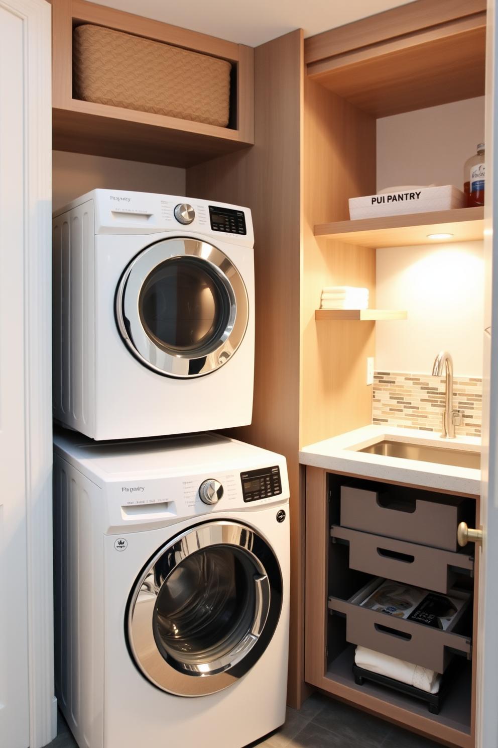 A modern laundry room featuring a stackable washer and dryer unit to maximize space efficiency. The room includes open shelving for storage, a countertop for folding clothes, and a stylish backsplash that complements the overall design. The pantry section is designed with organized shelving and pull-out drawers for easy access to supplies. Soft lighting and a neutral color palette create a warm and inviting atmosphere in this functional space.