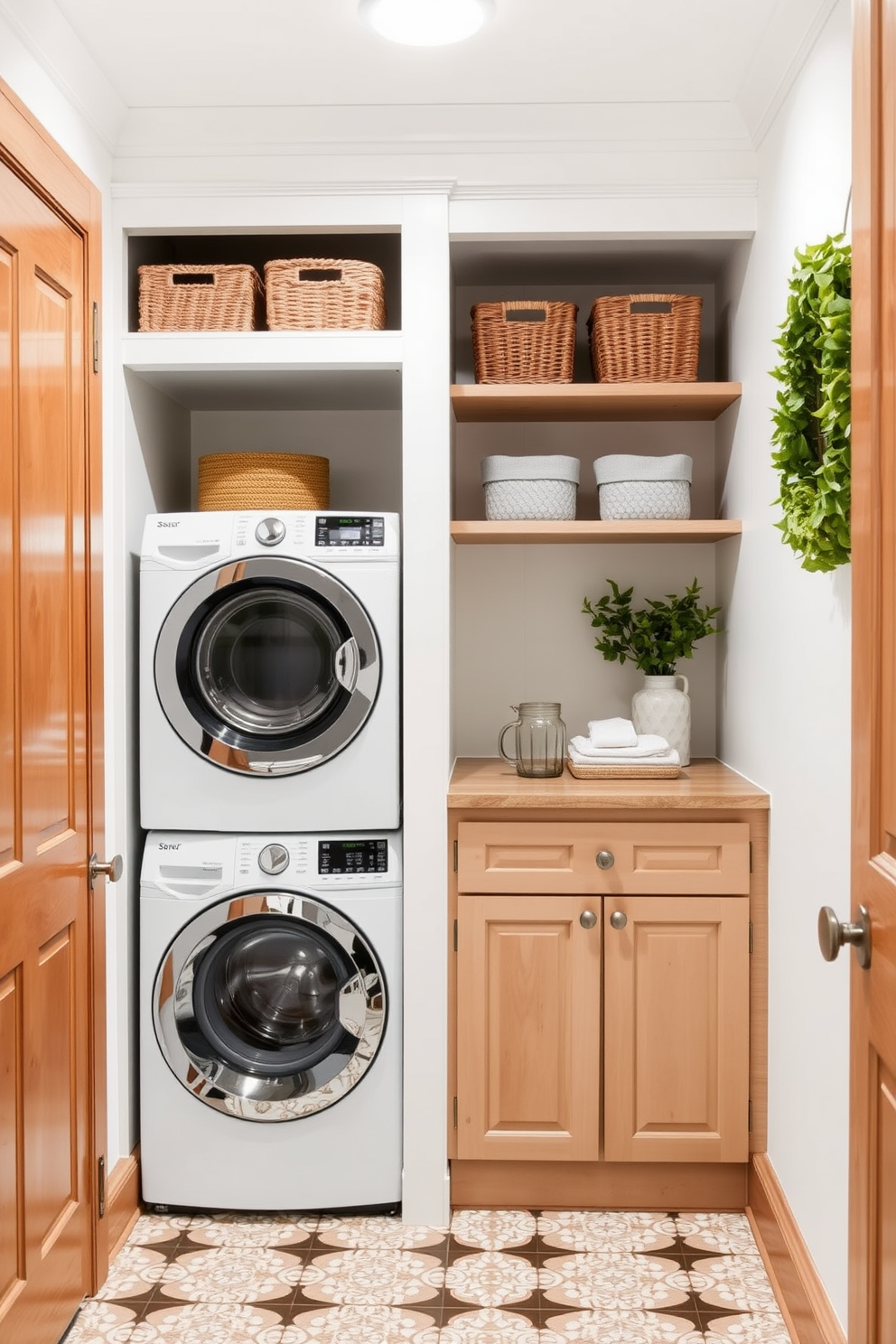 Create a cozy laundry nook integrated into a hallway with a charming farmhouse aesthetic. The space features a stacked washer and dryer tucked into a built-in cabinet, with open shelving above for laundry essentials and decorative baskets. The walls are painted in a soft white, complemented by warm wood accents and a patterned tile floor. A small countertop beside the appliances provides space for folding clothes, while a touch of greenery adds freshness to the nook.