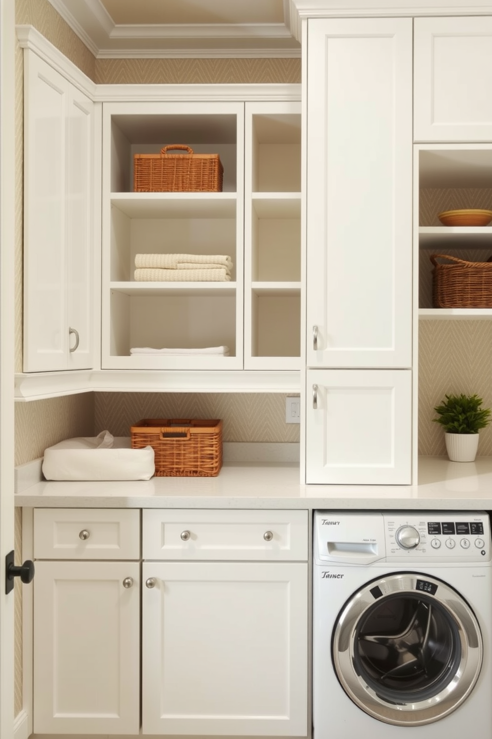 A functional pantry laundry room design features a spacious countertop ideal for sorting and folding laundry. The cabinetry is a mix of open shelves and closed storage, painted in a soft white to enhance the room's brightness. The walls are adorned with a subtle, textured wallpaper that adds depth without overwhelming the space. A stylish basket is placed on the countertop for easy access to laundry essentials, while a small potted plant adds a touch of greenery.