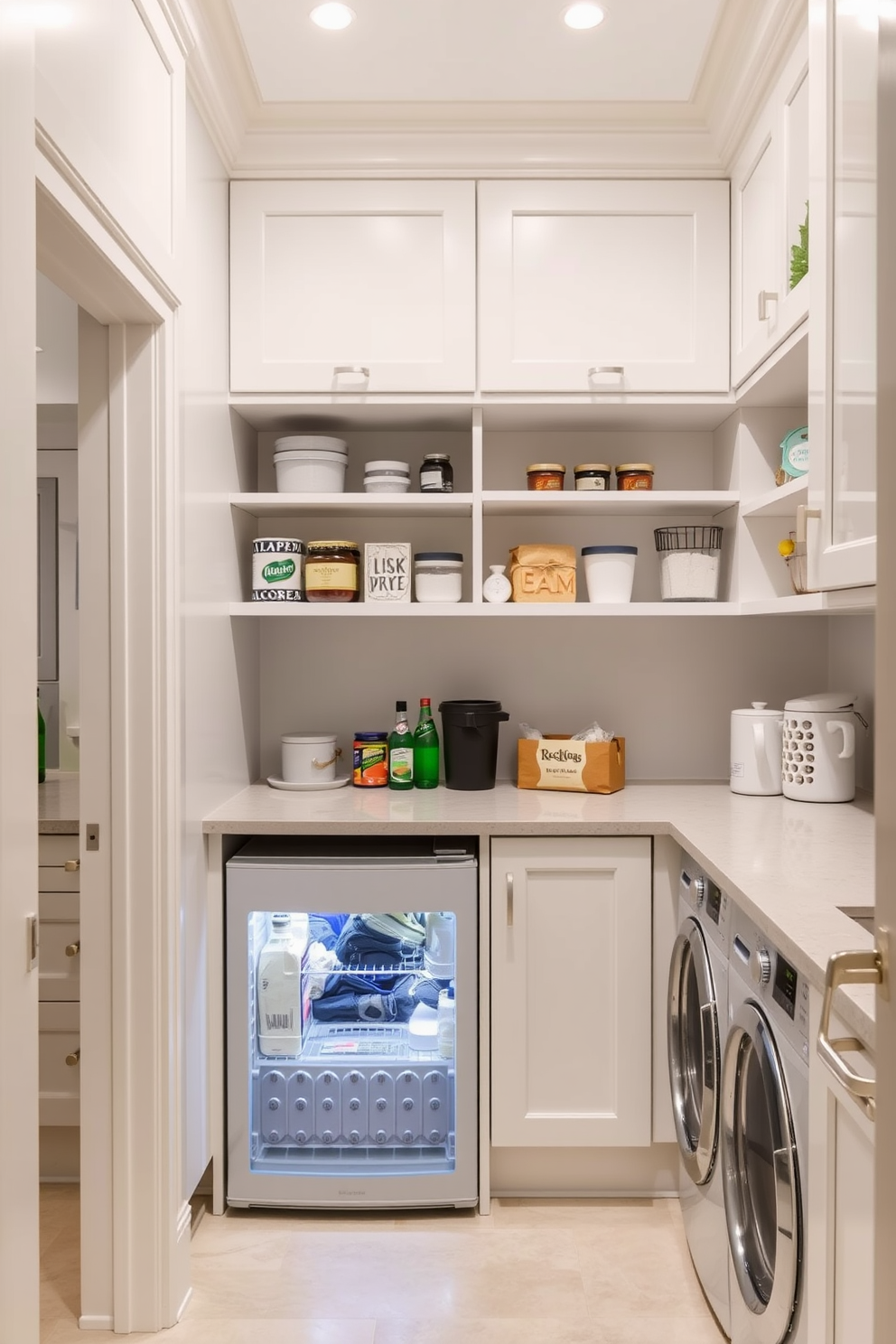 A small fridge is seamlessly integrated into the laundry room design, providing convenient access to refreshments while multitasking. The space features custom cabinetry in a soft white finish, enhancing the room's brightness and functionality. The pantry area is designed with open shelving and organized storage solutions, allowing for easy access to dry goods and kitchen essentials. A stylish countertop provides additional workspace for meal prep or sorting laundry.