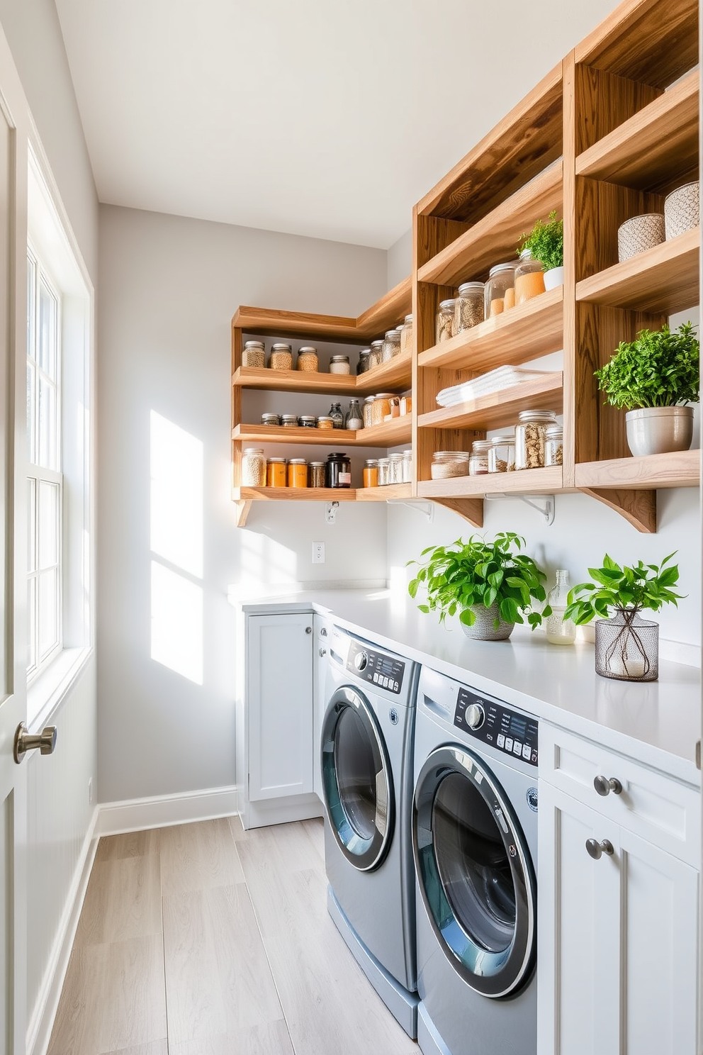 A bright and airy pantry laundry room with ample natural light streaming through a large window. The space features open shelving made of reclaimed wood, filled with neatly organized jars of dry goods and potted herbs for a fresh touch. On one side, a sleek washer and dryer are tucked behind a custom-built cabinet with a soft white finish. A vibrant green plant sits on the countertop, complementing the light gray walls and adding a pop of color to the room.