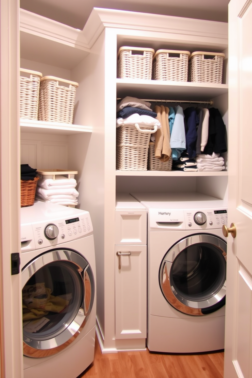 A functional laundry room featuring a designated laundry basket station for sorting clothes. The space includes built-in shelves for storage, with neatly organized baskets labeled for easy sorting.