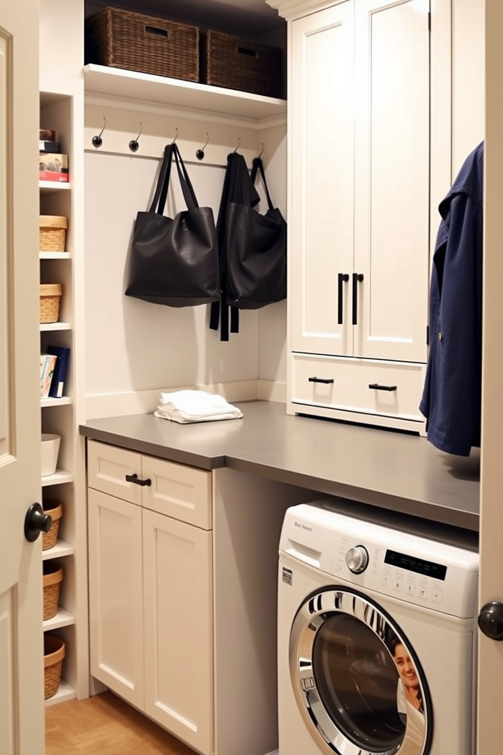 A functional and stylish pantry laundry room combination. The space features built-in cabinetry with a soft white finish, providing ample storage for laundry supplies and pantry items. On the wall, there are hooks for bags and outerwear, keeping the area organized and clutter-free. A sleek countertop extends over the washer and dryer, offering a convenient space for folding clothes and sorting groceries.