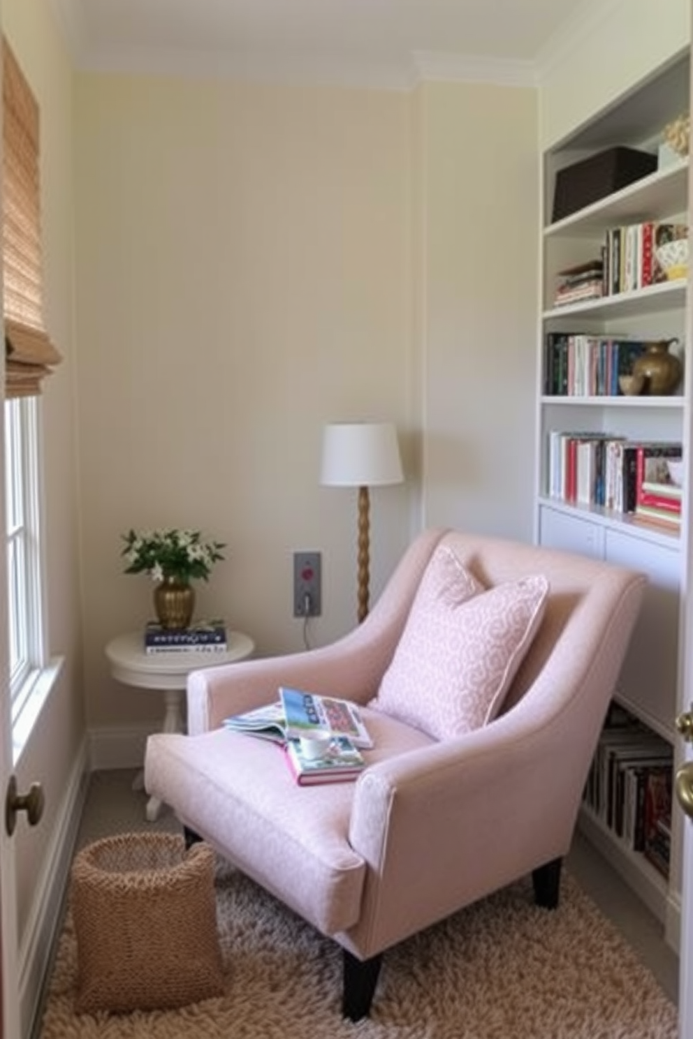 Create a cozy reading corner in the pantry laundry room. There is a comfortable armchair upholstered in soft fabric positioned by a window, with a small side table holding a stack of books and a warm cup of tea. The walls are painted in a soft pastel color, and the floor is covered with a plush area rug. Shelves filled with neatly organized books and decorative items line one side of the room, creating an inviting atmosphere.