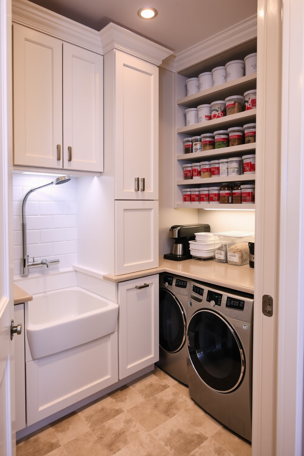 A functional and stylish laundry room features a dedicated pet washing station with a built-in tub and a handheld showerhead. The cabinetry is a soft white with brushed nickel hardware, and the countertops are made of durable quartz, providing ample space for folding clothes. Adjacent to the laundry area, a well-organized pantry maximizes storage with floor-to-ceiling shelves filled with neatly labeled containers. The pantry is illuminated by warm LED lighting, and a small countertop offers space for meal prep or a coffee station.