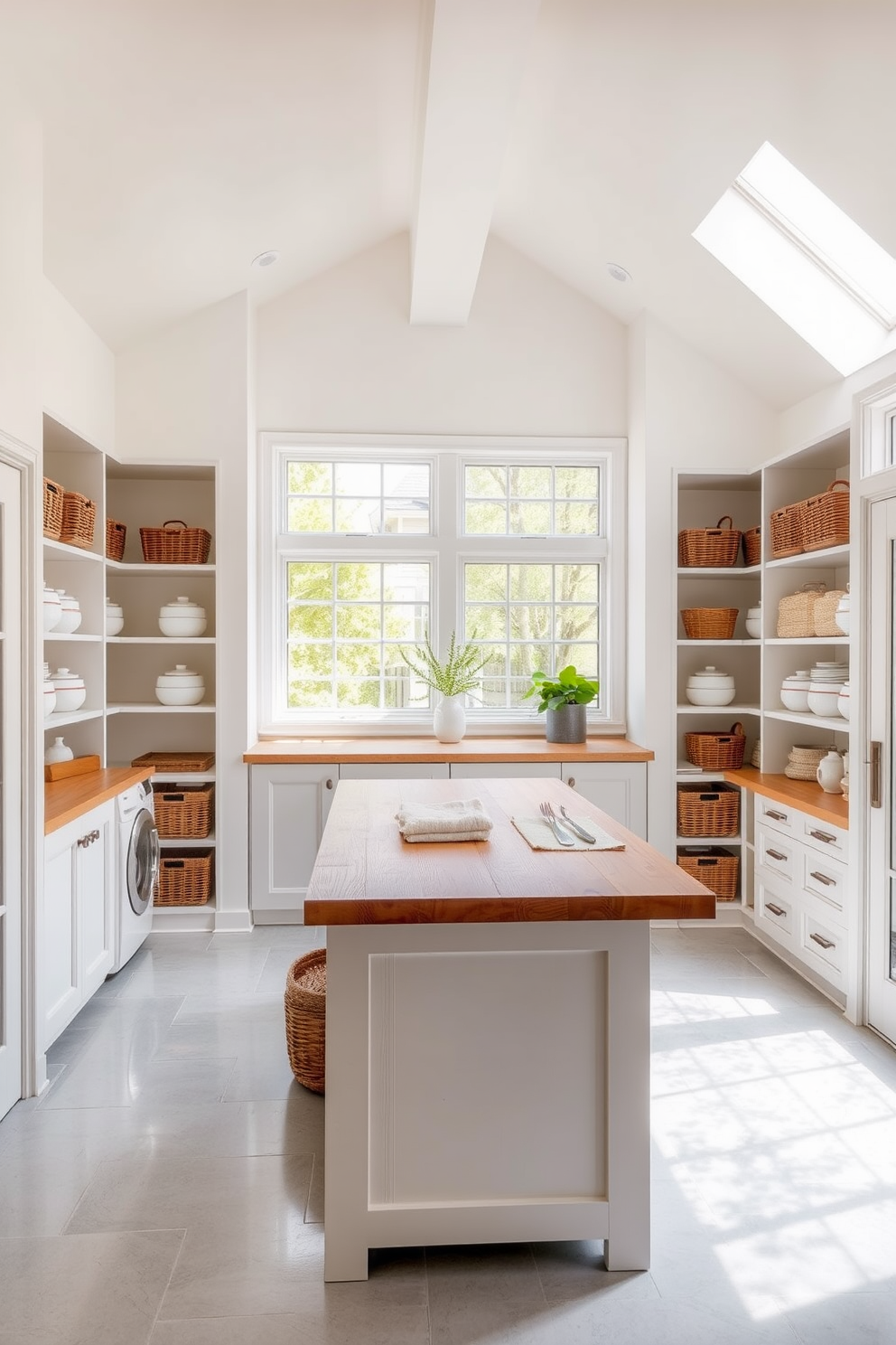 A bright and airy pantry laundry room featuring large windows that allow natural light to flood the space. The walls are painted in a soft white hue, and the floor is covered in light grey tiles for a clean look. Incorporate a central island with a wooden countertop that serves as both a folding area and additional storage. Flanking the island are open shelves filled with neatly organized baskets and jars, creating a functional yet inviting atmosphere.