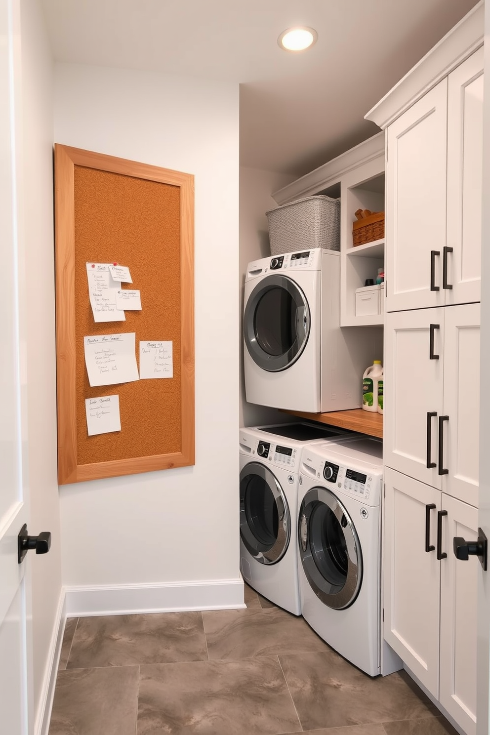 A functional pantry laundry room that maximizes space and organization. The walls are painted in a soft white hue, and the floor features durable grey tiles for easy maintenance. On one side, there is a built-in corkboard for important notes and reminders, framed with natural wood. The opposite side includes sleek cabinetry with ample storage for laundry supplies, alongside a stacked washer and dryer unit.