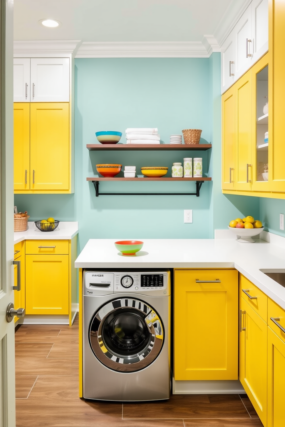 A bright and cheerful pantry laundry room features vibrant yellow cabinetry with sleek white countertops. The walls are painted in a light aqua shade, creating a refreshing atmosphere. In the center, a spacious island provides additional workspace and storage, adorned with colorful fruit bowls. A stylish washer and dryer are neatly integrated into the cabinetry, with decorative open shelves above displaying neatly organized laundry essentials.