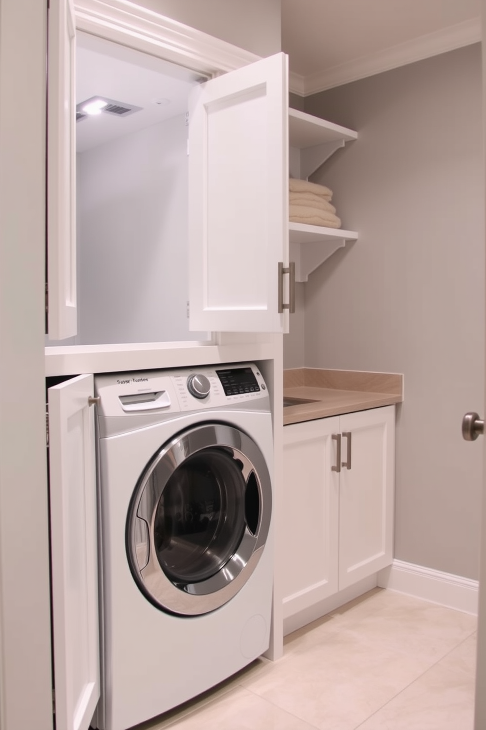 Design a compact laundry area in a bathroom. The space features a stacked washer and dryer tucked into a built-in cabinet with sleek white doors. To the side, a small countertop provides space for folding clothes, complemented by open shelving above for storage. The walls are painted a soft gray, and the floor is adorned with light-colored tiles for a clean and airy feel.