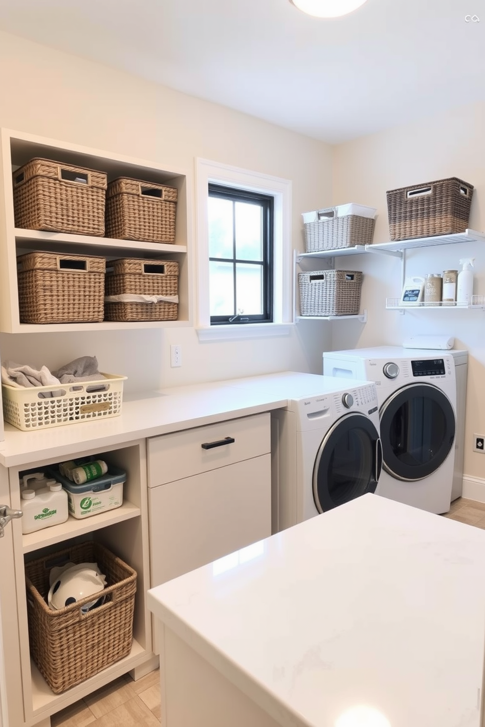 A well-organized laundry room featuring stylish baskets for storing laundry supplies. The walls are painted in a soft pastel hue, and a sleek countertop provides ample space for folding clothes. The room includes a built-in shelving unit to hold additional storage baskets and cleaning supplies. A functional laundry machine sits beneath a window that allows natural light to illuminate the space.