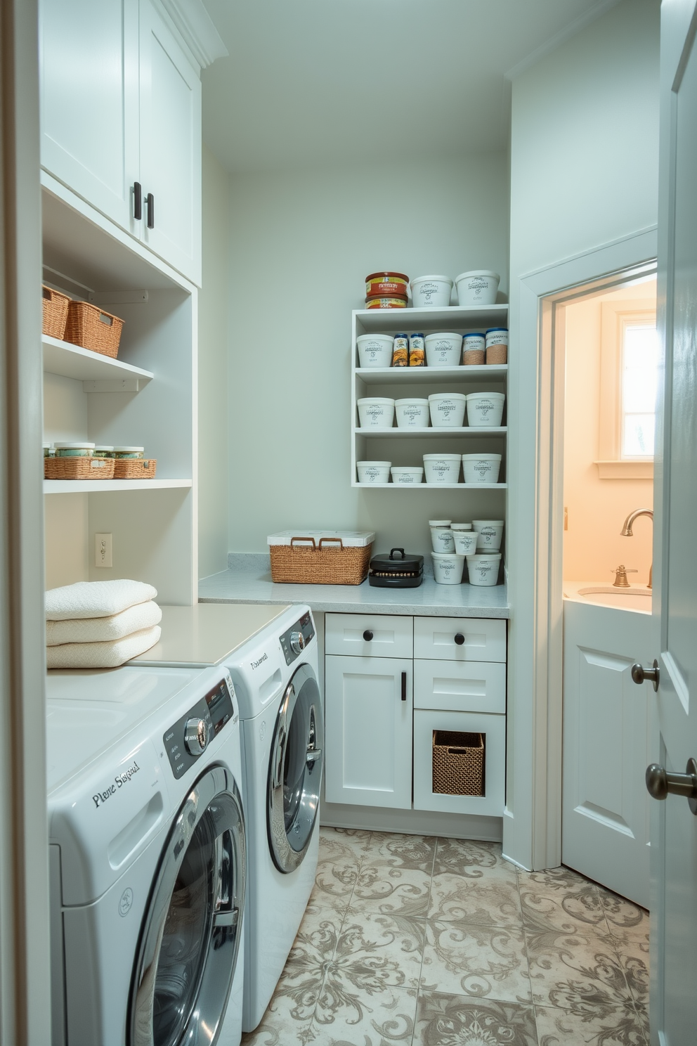 A functional laundry room with a dedicated folding station that features ample countertop space for convenience. The walls are painted in a light, airy color, and the floor is adorned with durable, stylish tiles that complement the overall aesthetic. Adjacent to the folding station, a well-organized pantry is seamlessly integrated into the design. Shelves are stocked with neatly arranged containers, and a small window allows natural light to brighten the space, creating an inviting atmosphere.